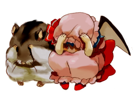 goruti, remilia scarlet, touhou, bad id, bad pixiv id, lowres, 1girl, animal, charisma guard, cowering, female focus, hamster, hat, solo, squatting, wings