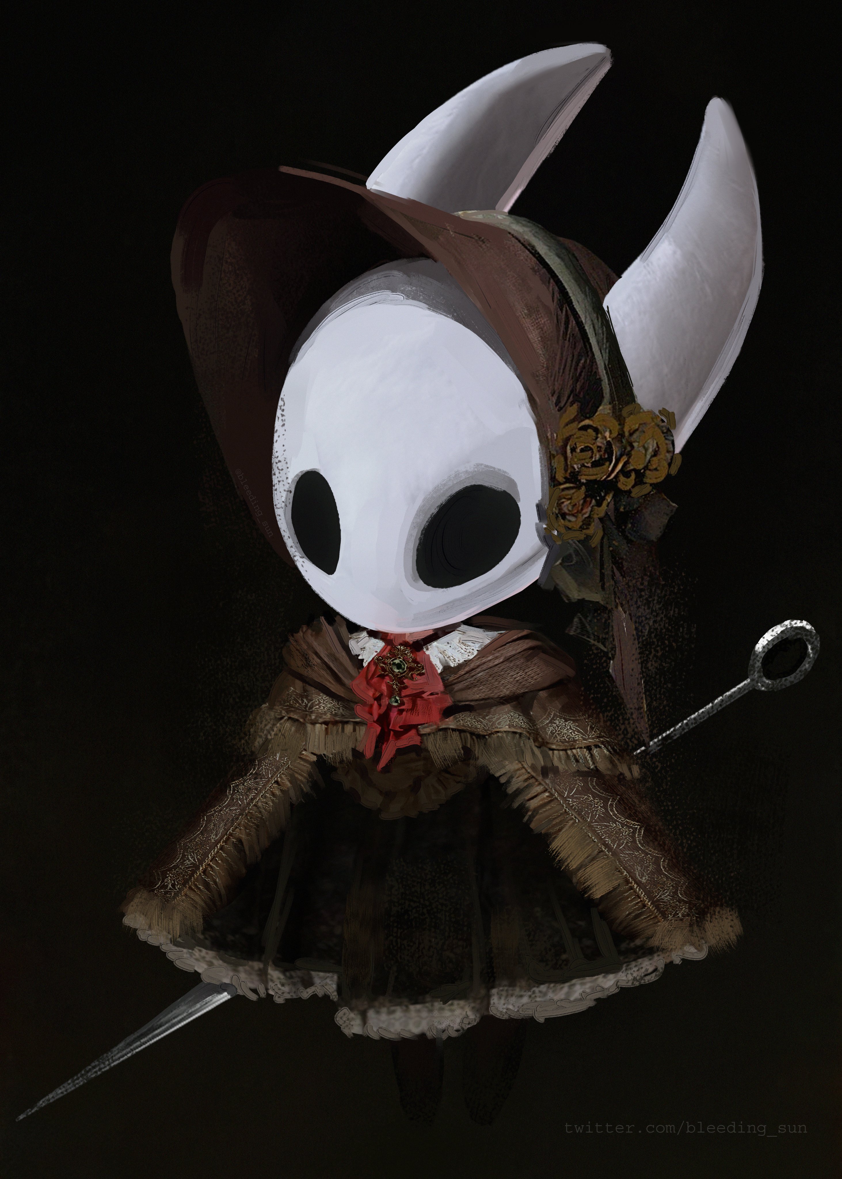 bleeding sun, hornet (hollow knight), plain doll, bloodborne, hollow knight, hollow knight: silksong, absurdres, commentary, english commentary, highres, 1girl, arthropod girl, ascot, black background, black eyes, bonnet, brown bonnet, cosplay, hollow eyes, horns, needle (hollow knight), plain doll (cosplay), red ascot, solo, standing