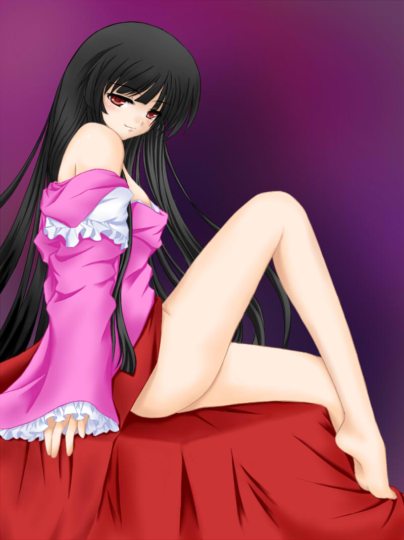 nekokotei, houraisan kaguya, touhou, bad id, bad pixiv id, 1girl, bare legs, bare shoulders, barefoot, black hair, dark background, feet, female focus, grin, japanese clothes, leg up, legs, long hair, long legs, looking at viewer, pink background, plantar flexion, red eyes, red theme, seductive smile, smile, smirk, soles, solo, thighs, very long hair, vignetting