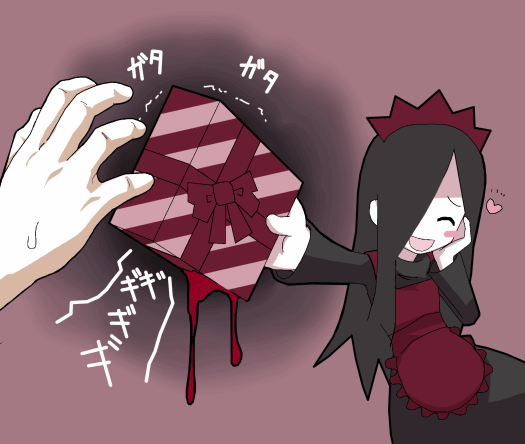 mukai keiichirou, ozoi, futaba channel, nijiura maids, md5 mismatch, 1girl, black hair, blood, blush stickers, gift, hair over one eye, heart, holding, holding gift, incoming gift, maid, solo focus