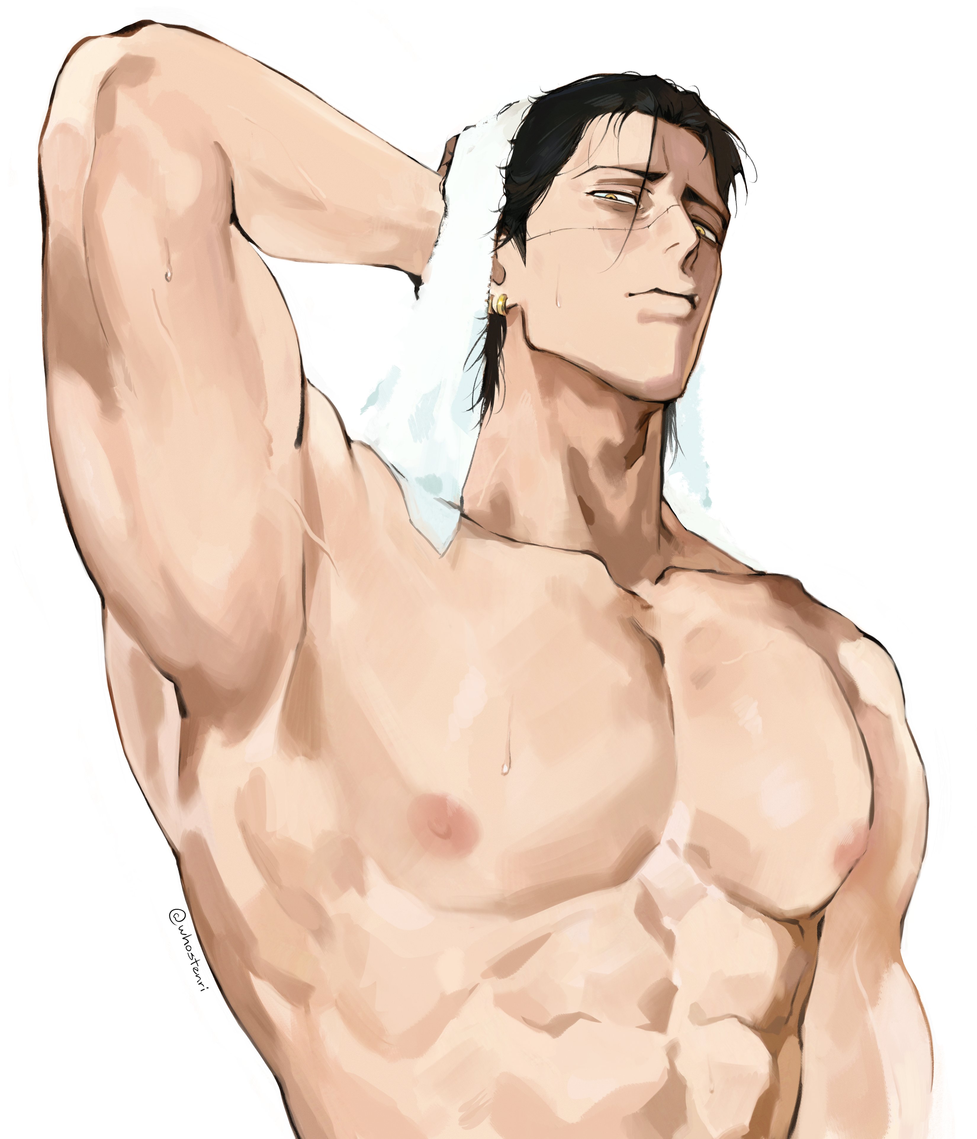 shihoritsu, crocodile (one piece), one piece, absurdres, highres, 1boy, abs, arm behind head, arm up, bara, black hair, closed mouth, collarbone, hair slicked back, looking at viewer, looking to the side, male focus, muscular, muscular male, nipples, nude, pectorals, scar, scar on face, short sideburns, simple background, solo, towel, towel on head, twitter username, white background, yellow eyes
