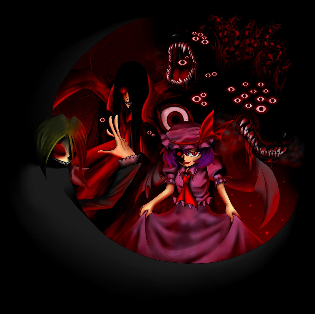 alucard (hellsing), night of wallachia, remilia scarlet, hellsing, melty blood, touhou, tsukihime, type-moon, bad id, bad pixiv id, 00s, 1girl, 2boys, crossover, dark, eye focus, hat, multiple boys, trait connection, vampire, you gonna get raped