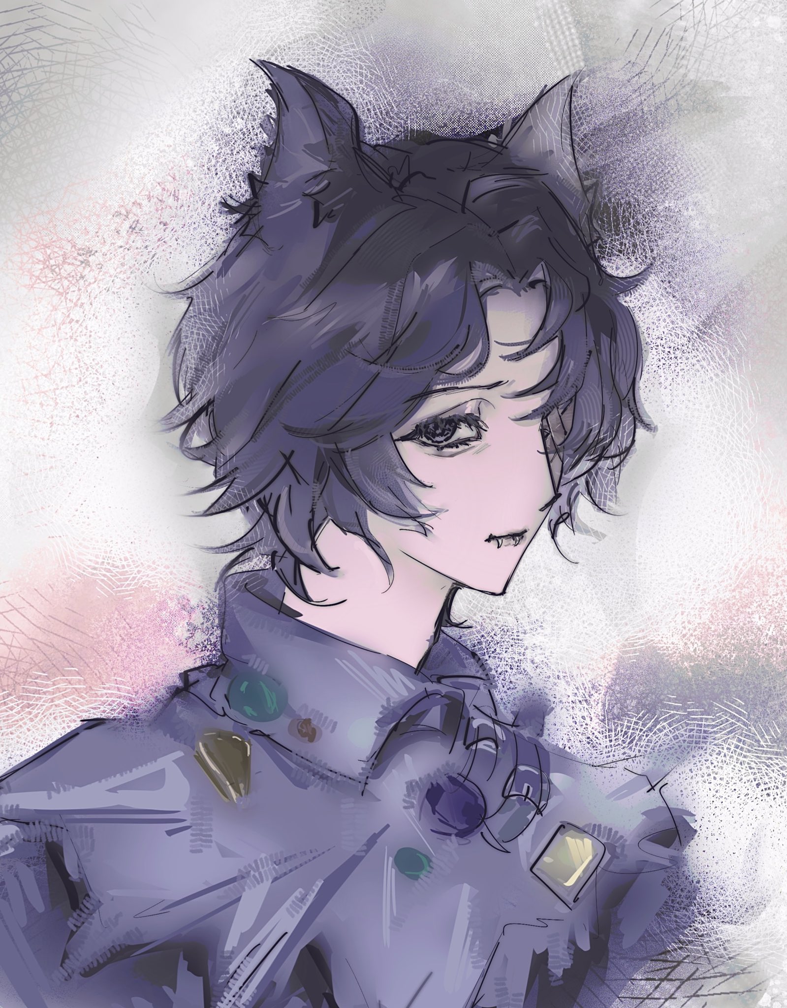 matthias czernin, identity v, highres, 1boy, animal ears, black hair, black shirt, downturned eyes, expressionless, eyelashes, frown, hair over one eye, half-closed eyes, kaorusangel, looking at viewer, male focus, matthias czernin (striding between realms), shirt, stitched mouth, stitches