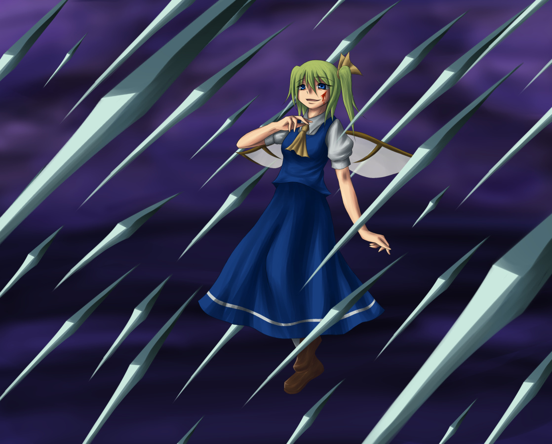ni (ippozenshin), daiyousei, embodiment of scarlet devil, touhou, 1girl, blood, female focus, green hair, knife, solo, wings