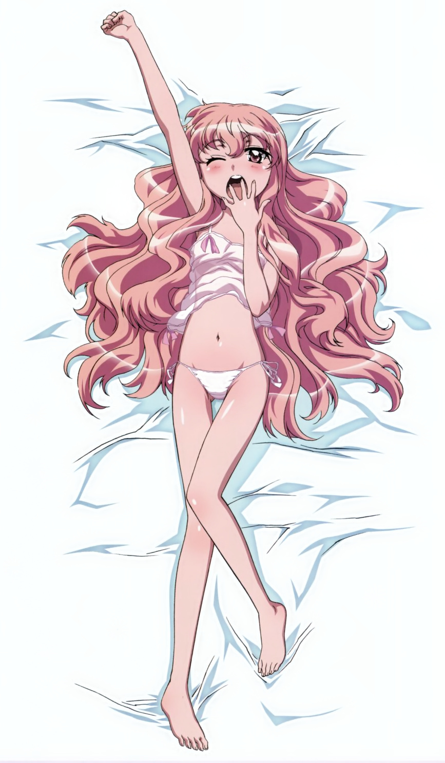 louise francoise le blanc de la valliere, zero no tsukaima, artist request, highres, official art, 00s, 1girl, barefoot, blush, camisole, dakimakura (medium), feet, female focus, full body, navel, panties, pink eyes, pink hair, pinup (style), see-through clothes, side-tie panties, solo, the bed, underwear, underwear only, yawning