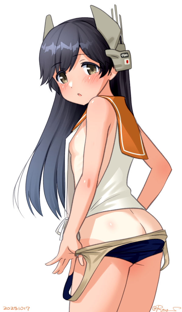 ray.s, i-400 (kancolle), kantai collection, 1girl, ass, black hair, blue one-piece swimsuit, breasts, headgear, long hair, one-piece swimsuit, one-piece tan, open mouth, orange sailor collar, sailor collar, school swimsuit, shirt, side-tie shirt, sideboob, swimsuit, swimsuit under clothes, tan, tanline