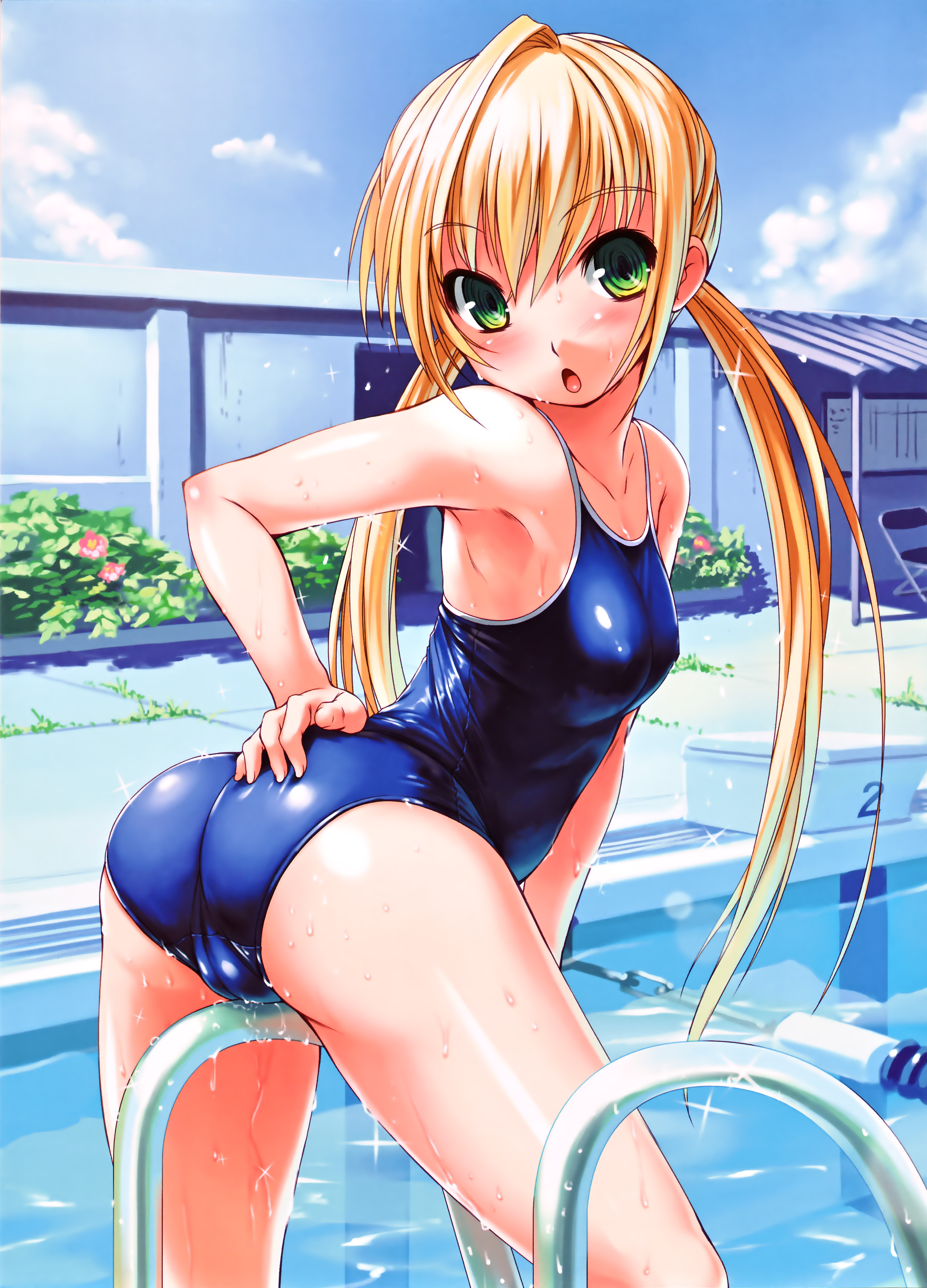 bosshi, original, absurdres, highres, 1girl, :o, arched back, armpits, ass, blonde hair, breasts, cameltoe, competition school swimsuit, crotch rub, fat mons, female focus, flat chest, green eyes, hand on own ass, lane line, leaning forward, long hair, medium breasts, one-piece swimsuit, open mouth, petite, pool, pool ladder, pussy juice, school swimsuit, solo, sweat, swimsuit, twintails, twisted torso, water, wet