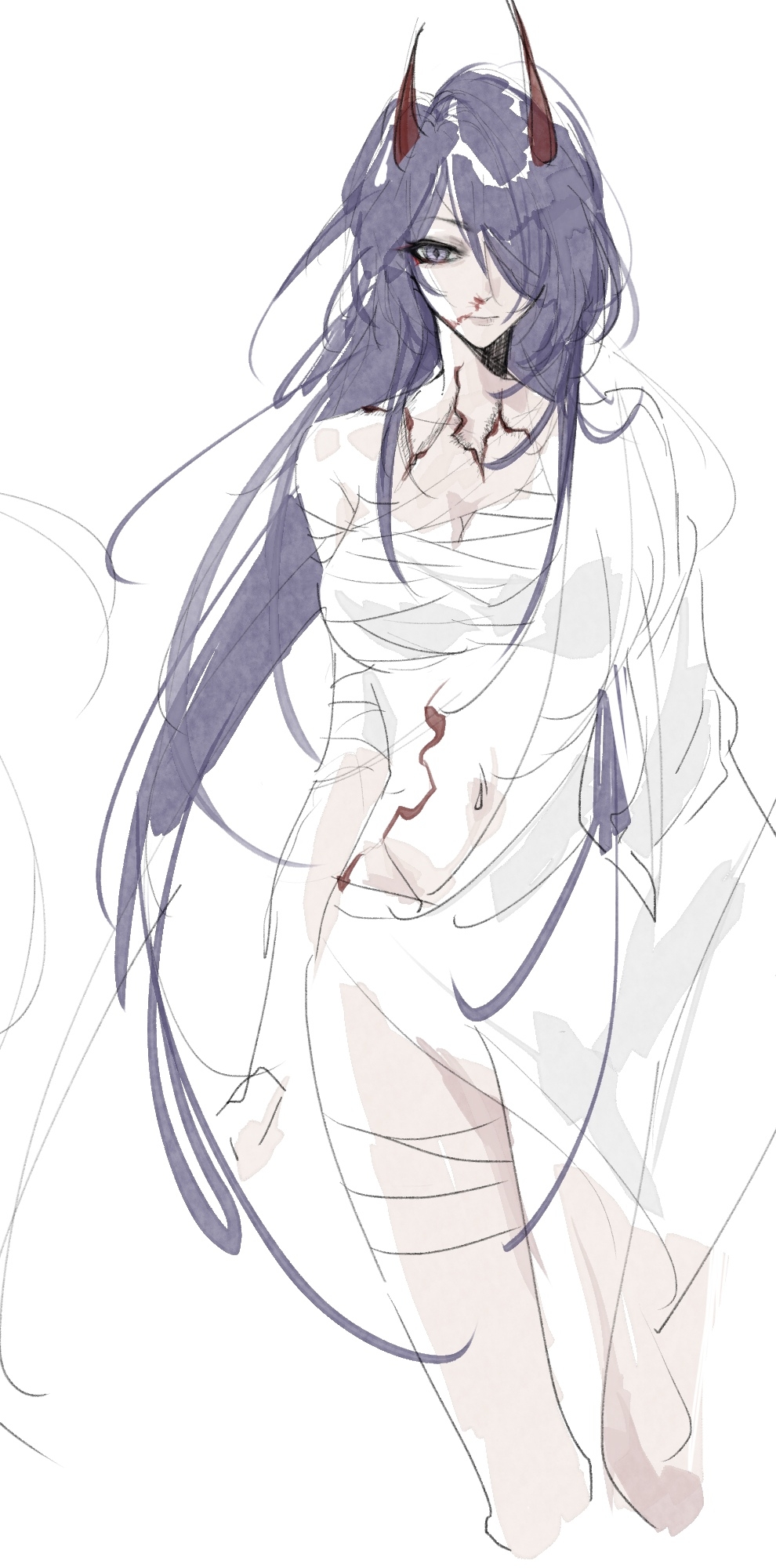 feng282166, acheron (honkai: star rail), acheron (izumo) (honkai: star rail), honkai: star rail, honkai (series), chinese commentary, highres, 1girl, alternate costume, blood, chest sarashi, hair over one eye, horns, japanese clothes, kimono, long hair, navel, purple eyes, purple hair, red horns, sarashi, simple background, sketch, solo, stomach, upper body, white background, white kimono, wide sleeves