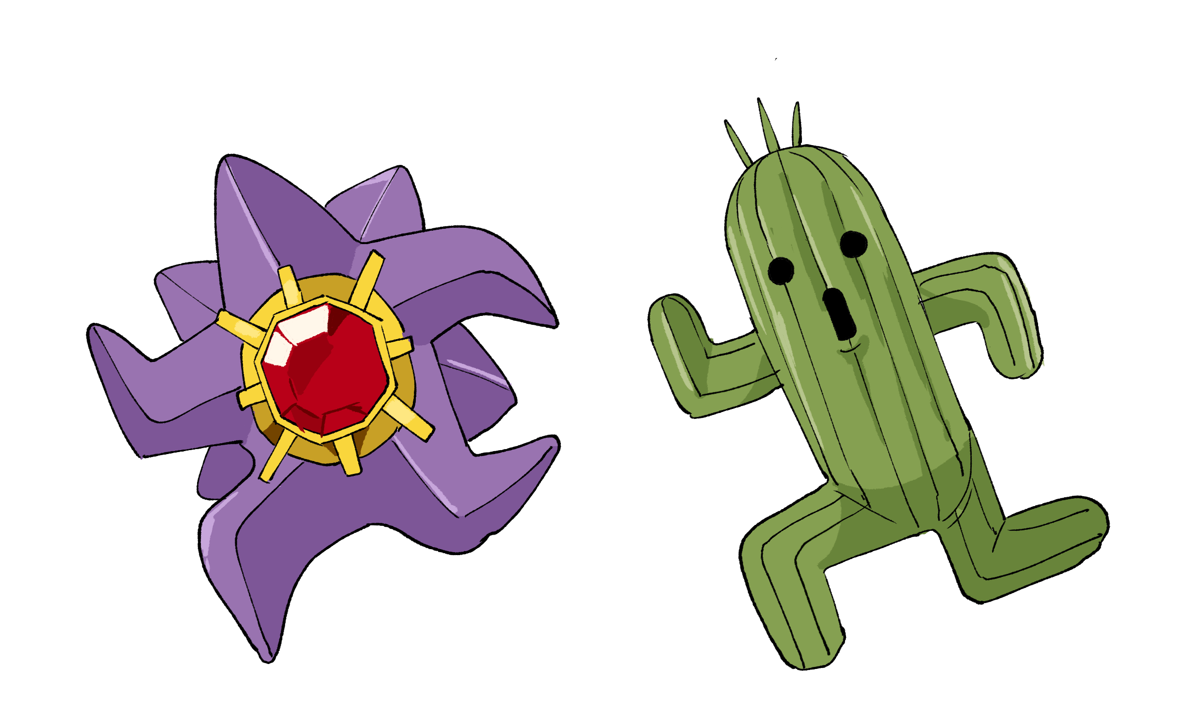 yunekoko, mega starmie, sabotender, starmie, final fantasy, nintendo, pokemon, highres, arms up, creature, creature focus, full body, gem, gen 1 pokemon, mega pokemon, no humans, open mouth, pokemon (creature), red gemstone, white background