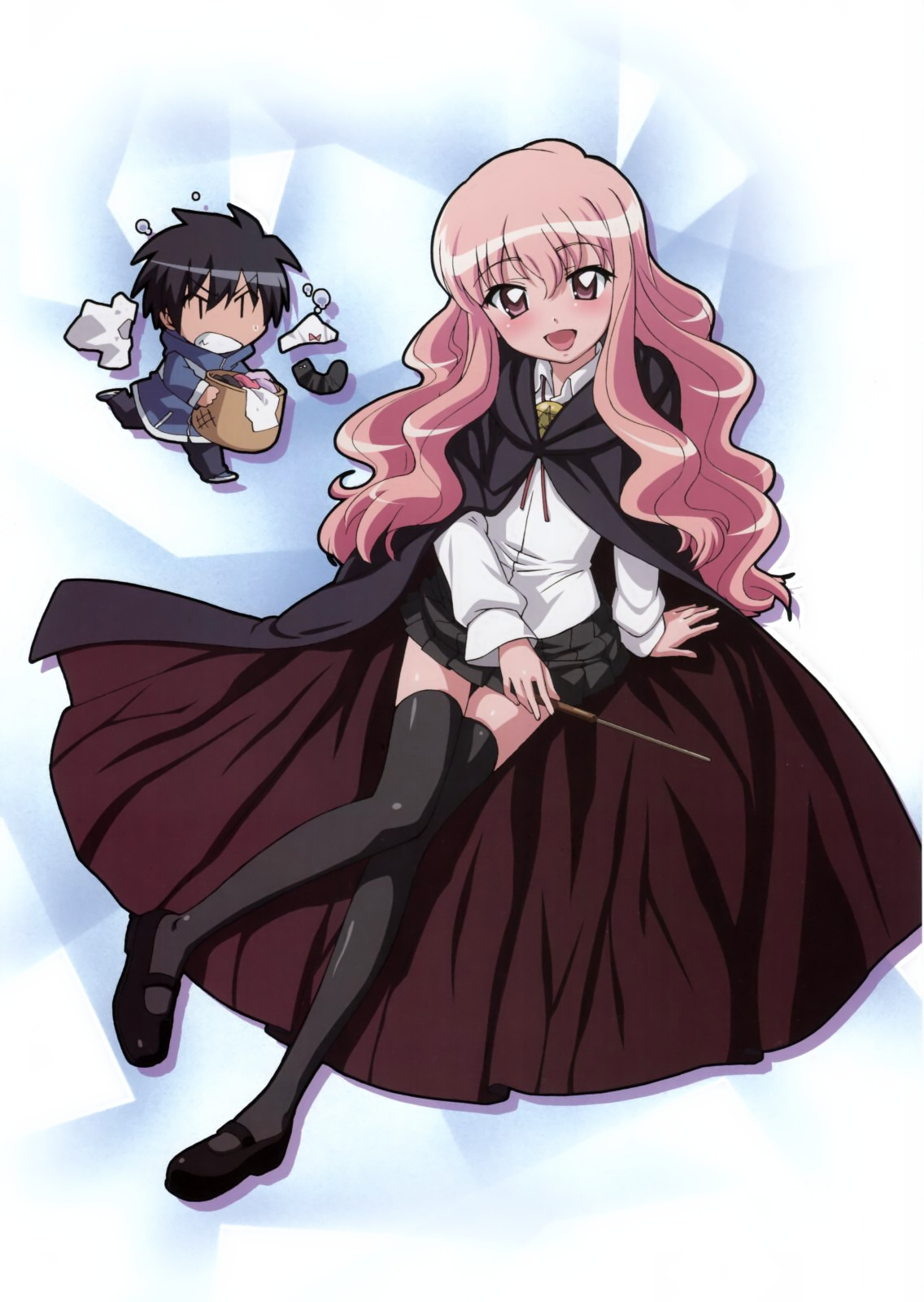 hiraga saito, louise francoise le blanc de la valliere, zero no tsukaima, artist request, highres, 00s, 1boy, 1girl, :d, black skirt, black thighhighs, blush, cape, chibi, full body, holding, knees together feet apart, laundry, laundry basket, long hair, long sleeves, looking at viewer, mary janes, open mouth, panties, pentacle, pink eyes, pink hair, pleated skirt, shoes, simple background, skirt, smile, thighhighs, underwear, wand, zettai ryouiki