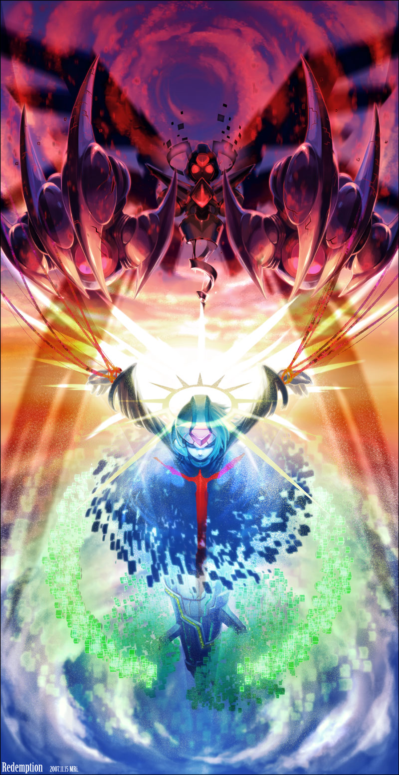 mri, copy x (mega man), cyber elf x (mega man), x (cyberelf), x (mega man), capcom, mega man (series), mega man zero (series), mega man zero 1, bad id, bad pixiv id, highres, 1boy, arms up, backlighting, blue hair, claws, closed eyes, dated, digital dissolve, epic, final boss, foreshortening, gloves, halo, long sleeves, monster, necktie, puppet strings, red eyes, red necktie, restrained, white gloves, wings