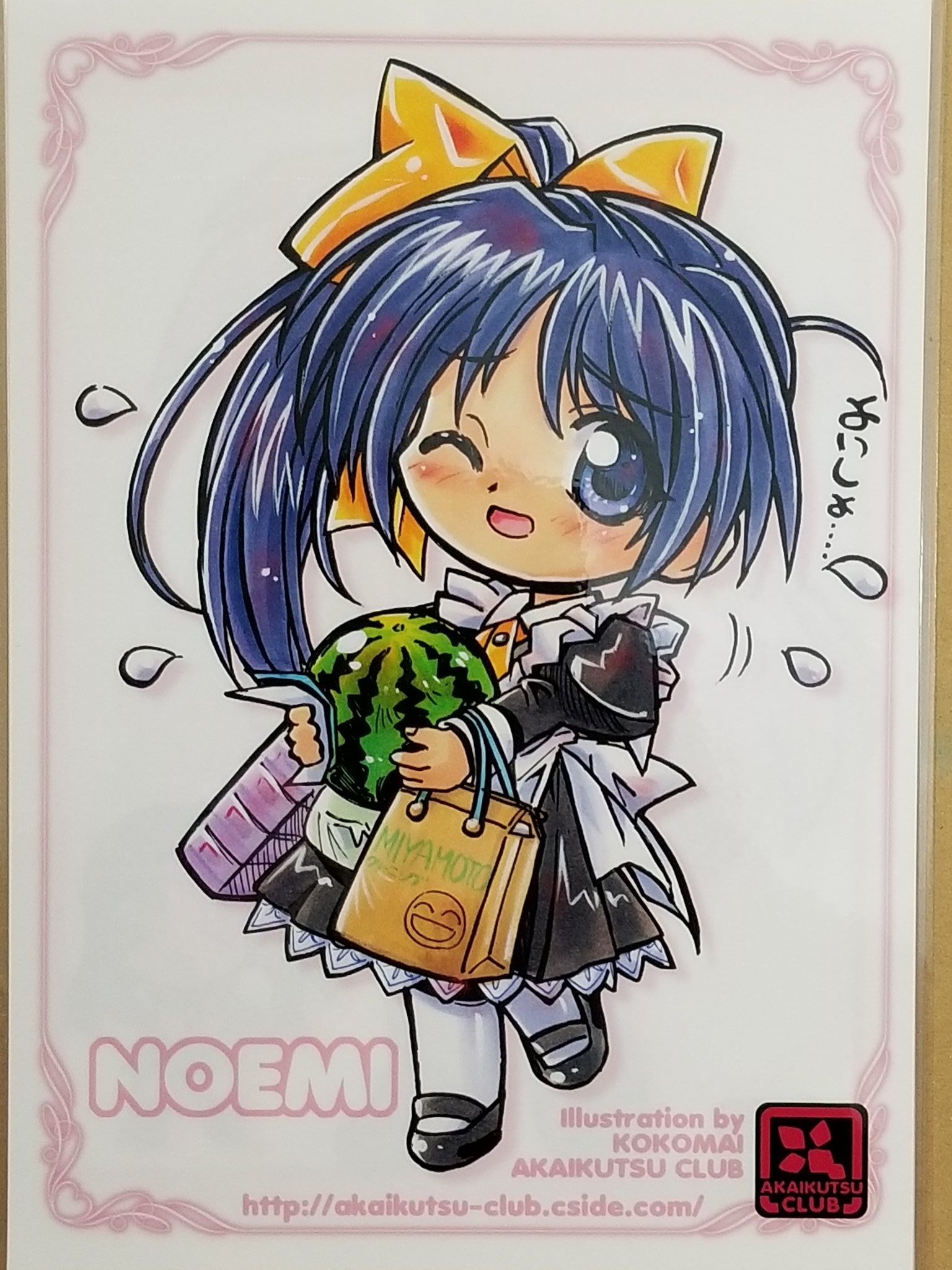 kokomahi, itou noemi, with you, commentary, highres, traditional media, 1girl, apron, artist name, bag, black dress, black shoes, blue eyes, blue hair, bow, character name, chibi, chibi only, circle name, dress, flying sweatdrops, food, fruit, full body, grocery bag, hair bow, holding, holding bag, holding food, holding fruit, holding watermelon, juliet sleeves, long hair, long sleeves, looking at viewer, maid, maid apron, one eye closed, puffy sleeves, shoes, shopping bag, side ponytail, solo, standing, standing on one leg, thighhighs, watermark, watermelon, web address, white apron, white thighhighs, yellow bow