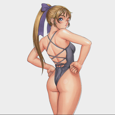 tsukasa jun, junis, tengai, atlus, psikyo, sengoku ace, sengoku blade, artbook, lowres, official art, scan, 1990s (style), 1girl, ;(, armpits, ass, back, blonde hair, blue bow, blue eyes, blue ribbon, blush, bow, breasts, brown hair, casual one-piece swimsuit, clenched hands, closed mouth, cowboy shot, criss-cross halter, cross-laced clothes, female focus, from side, frown, grey one-piece swimsuit, hair bow, hair ribbon, halterneck, hands on own hips, high ponytail, highleg, highleg one-piece swimsuit, legs, legs together, long hair, looking at viewer, looking back, ninja, one-piece swimsuit, one-piece thong, one eye closed, ponytail, retro artstyle, ribbon, simple background, small breasts, solo, standing, swimsuit, thick eyebrows, thighs, thong, white background, wink