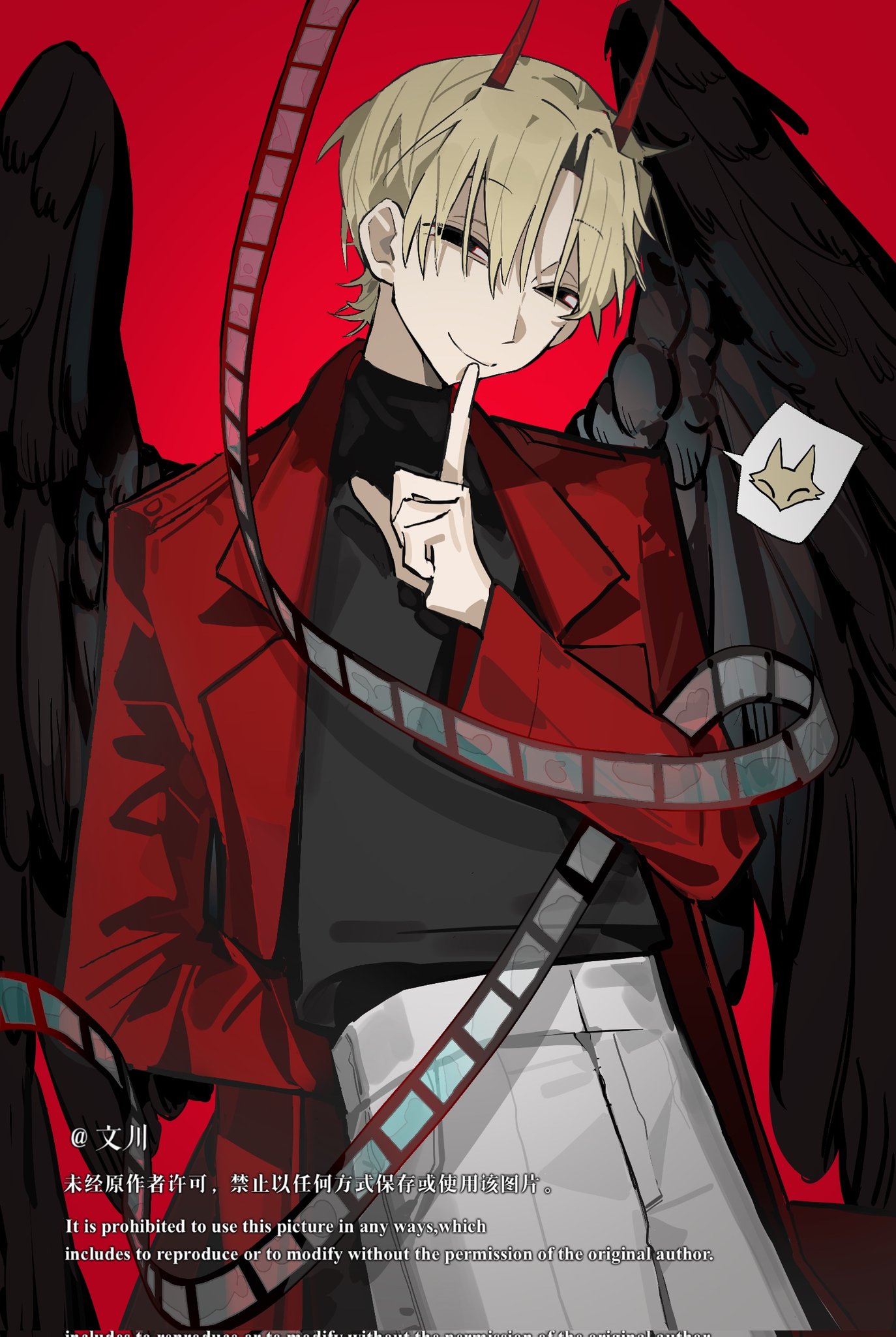 omniscient reader's viewpoint, commentary, english commentary, highres, 1boy, black shirt, black wings, blonde hair, cheon inho, coat, crew neck, demon horns, feathered wings, film reel, finger to mouth, half-closed eyes, hand in pocket, head tilt, horns, looking at viewer, nicayuko, open clothes, open coat, popped collar, red coat, shirt, short hair, smile, solo, spoken animal, wings
