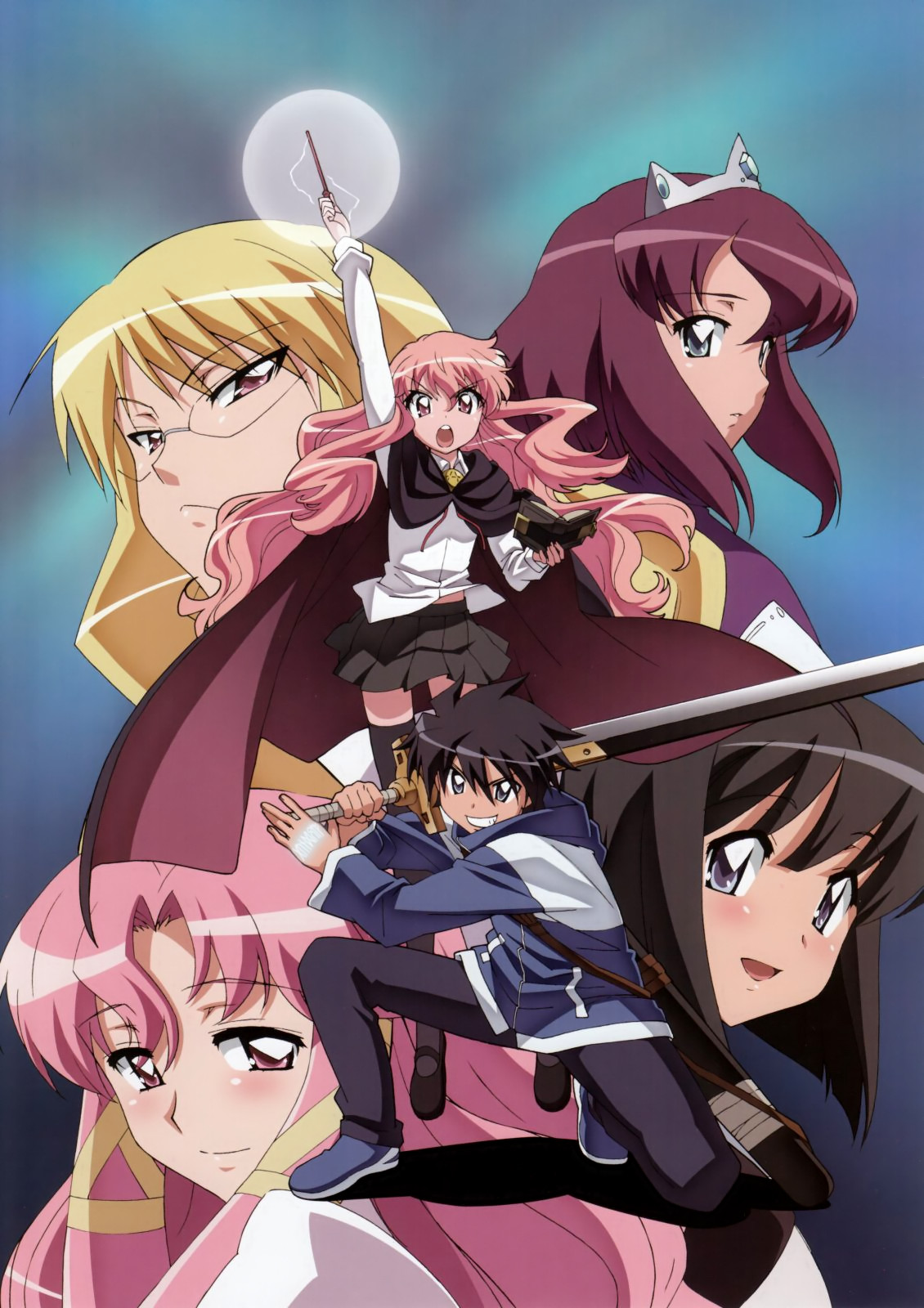 cattleya yvette la baume le blanc de la fontaine, eleanor albertine le blanc de la blois de la valliere, henrietta de tristain, hiraga saito, louise francoise le blanc de la valliere, siesta (zero no tsukaima), zero no tsukaima, black legwear, artist request, highres, 00s, 1boy, 5girls, blue background, multiple girls, pentacle, sword, thighhighs, wand, weapon