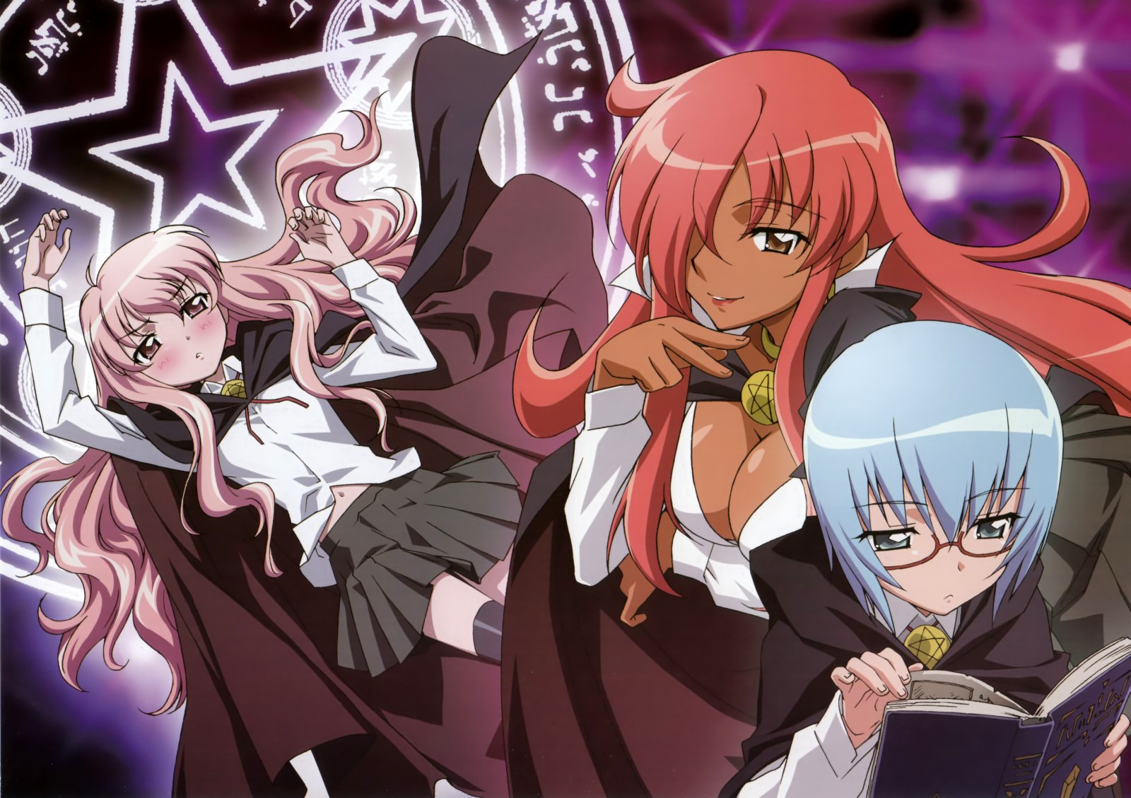 iwakura kazunori, kirche augusta frederica von anhalt zerbst, louise francoise le blanc de la valliere, tabitha (zero no tsukaima), zero no tsukaima, artist request, highres, 00s, 3girls, book, breasts, cleavage, glasses, large breasts, magic circle, multiple girls, pentacle, thighhighs, zettai ryouiki