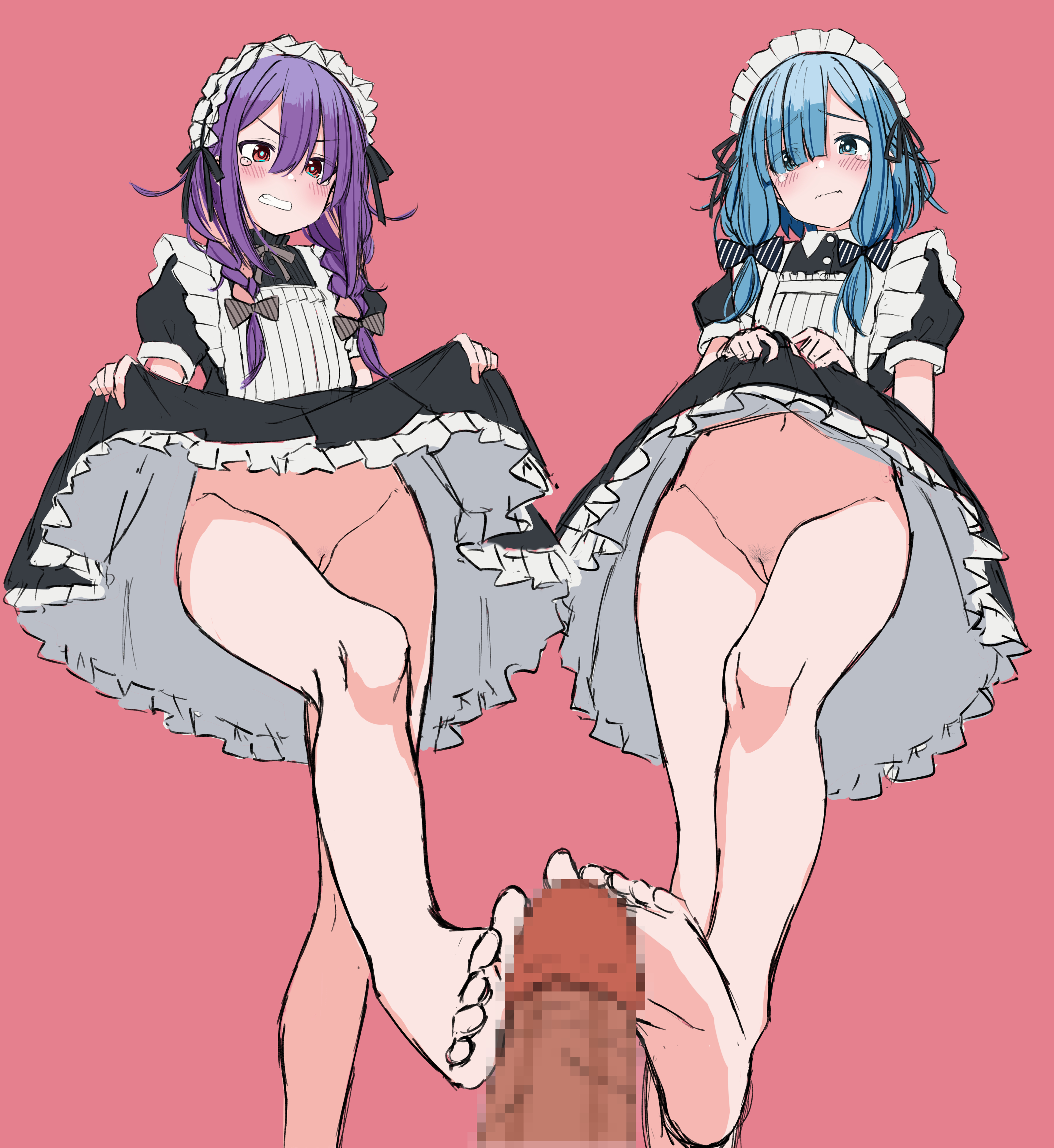 urushiushiru, original, braided twintails, absurdres, commentary request, highres, variant set, 1boy, 2girls, apron, aqua pupils, barefoot, black dress, blue eyes, blue hair, braid, censored, cleft of venus, closed mouth, clothes lift, dress, dress lift, embarrassed, eyes visible through hair, feet, female pubic hair, footjob, grimace, hair between eyes, hair over one eye, hair over shoulder, hetero, lifting own clothes, long bangs, long hair, looking at viewer, looking down, maid, maid apron, maid headdress, mosaic censoring, multiple girls, navel, no panties, out of frame, penis, pink background, pov, pubic hair, purple hair, pussy, raised inner eyebrows, red eyes, short sleeves, simple background, sparse pubic hair, standing, standing on one leg, twintails, v-shaped eyebrows, white apron