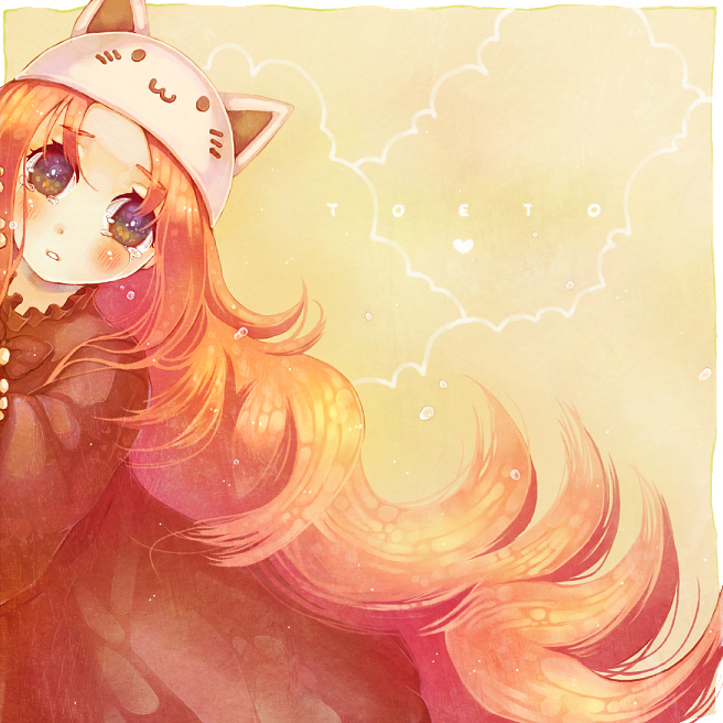 manbou no suiso, megurine luka, megurine luka (toeto), toeto (vocaloid), vocaloid, bad id, bad pixiv id, animal hat, blue eyes, cat hat, hat, long hair, peeking out, pink hair, solo, tears, very long hair