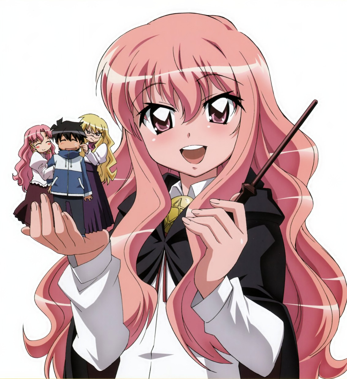 cattleya yvette la baume le blanc de la fontaine, eleanor albertine le blanc de la blois de la valliere, hiraga saito, louise francoise le blanc de la valliere, zero no tsukaima, artist request, highres, 00s, 1boy, 3girls, multiple girls, pentacle, pink eyes, pink hair, wand, white background