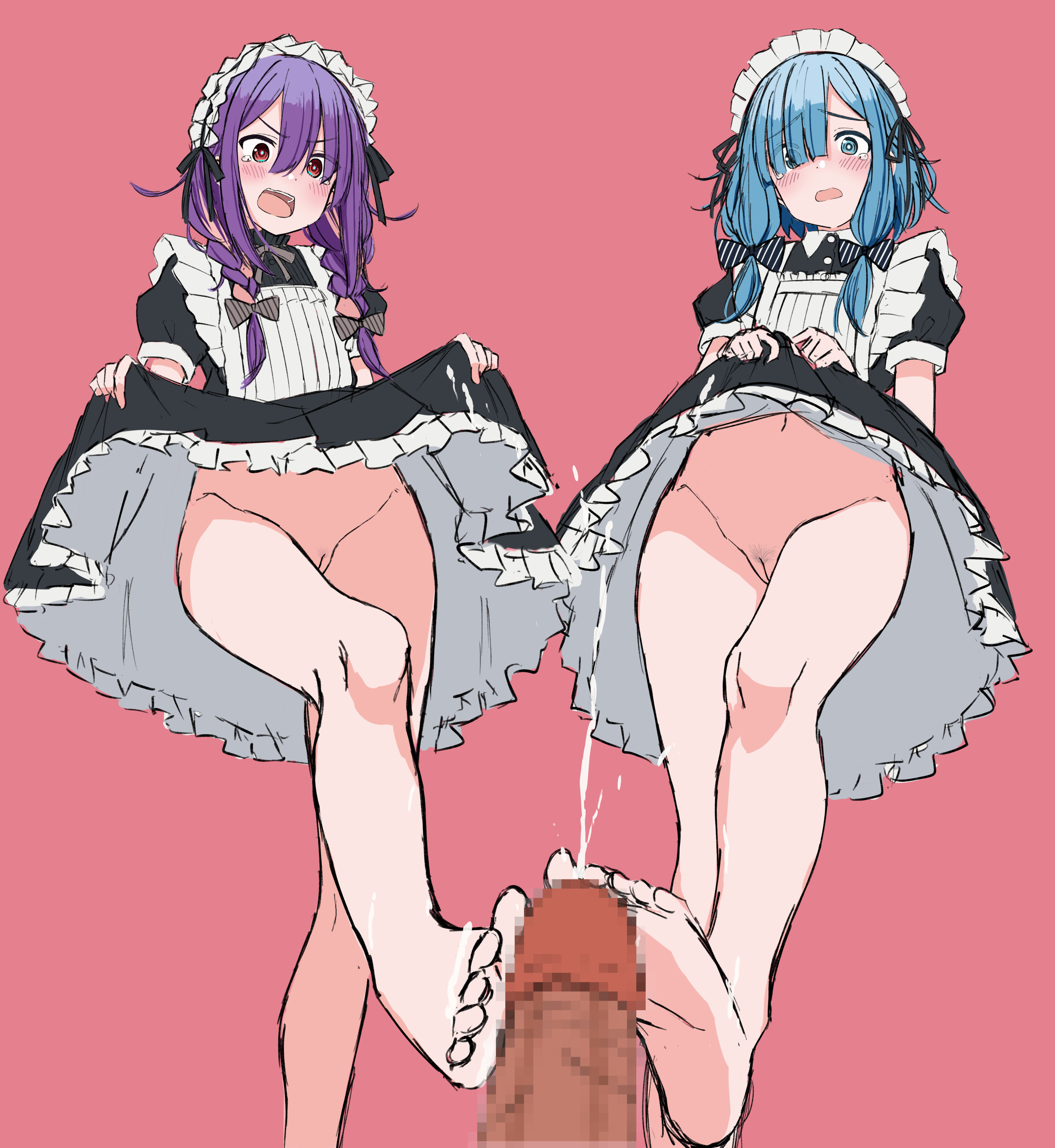 urushiushiru, original, braided twintails, absurdres, commentary request, highres, variant set, 1boy, 2girls, apron, aqua pupils, barefoot, black dress, blue eyes, blue hair, braid, censored, cleft of venus, clothes lift, cum, dress, dress lift, ejaculation, embarrassed, eyes visible through hair, feet, female pubic hair, footjob, hair between eyes, hair over one eye, hair over shoulder, hetero, lifting own clothes, long bangs, long hair, looking at viewer, looking down, maid, maid apron, maid headdress, mosaic censoring, multiple girls, navel, no panties, open mouth, out of frame, penis, pink background, pov, pubic hair, purple hair, pussy, raised inner eyebrows, red eyes, short sleeves, simple background, sparse pubic hair, standing, standing on one leg, surprised, twintails, v-shaped eyebrows, white apron, wide-eyed