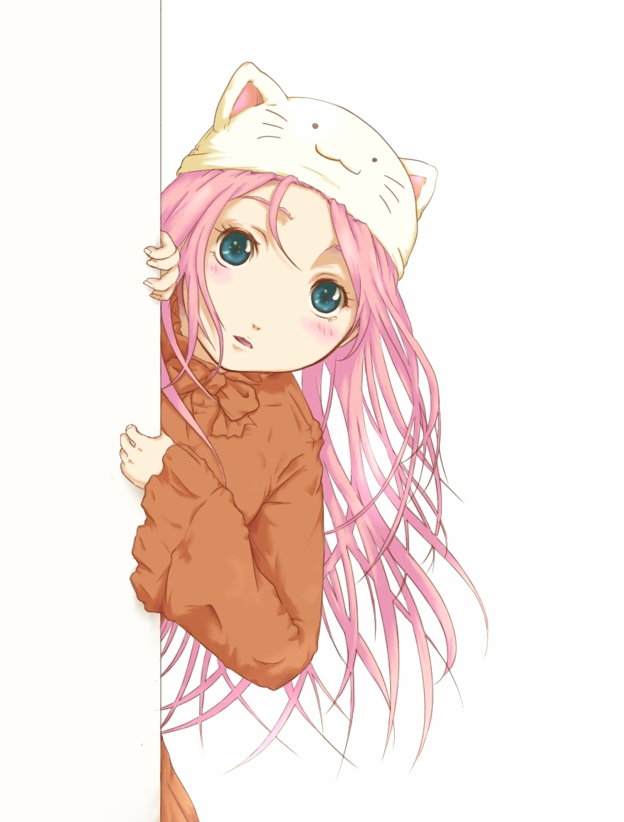 squama, megurine luka, megurine luka (toeto), toeto (vocaloid), vocaloid, bad id, bad pixiv id, animal hat, cat hat, hat, peeking out, solo