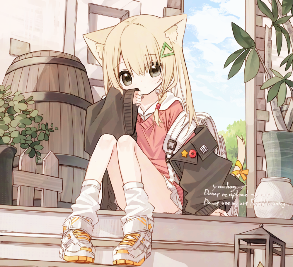 yuuhagi (amaretto-no-natsu), waka (yuuhagi (amaretto-no-natsu)), original, commentary request, 1girl, animal ear fluff, animal ears, backpack, bag, barrel, black jacket, blonde hair, brown eyes, cat ears, cat girl, cat tail, closed mouth, day, hair ornament, jacket, long hair, long sleeves, looking at viewer, loose socks, open clothes, open jacket, pink sweater, shirt, shoes, sitting, skirt, sleeves past wrists, sneakers, socks, solo, sweater, tail, triangle hair ornament, white bag, white shirt, white shoes, white skirt, white socks