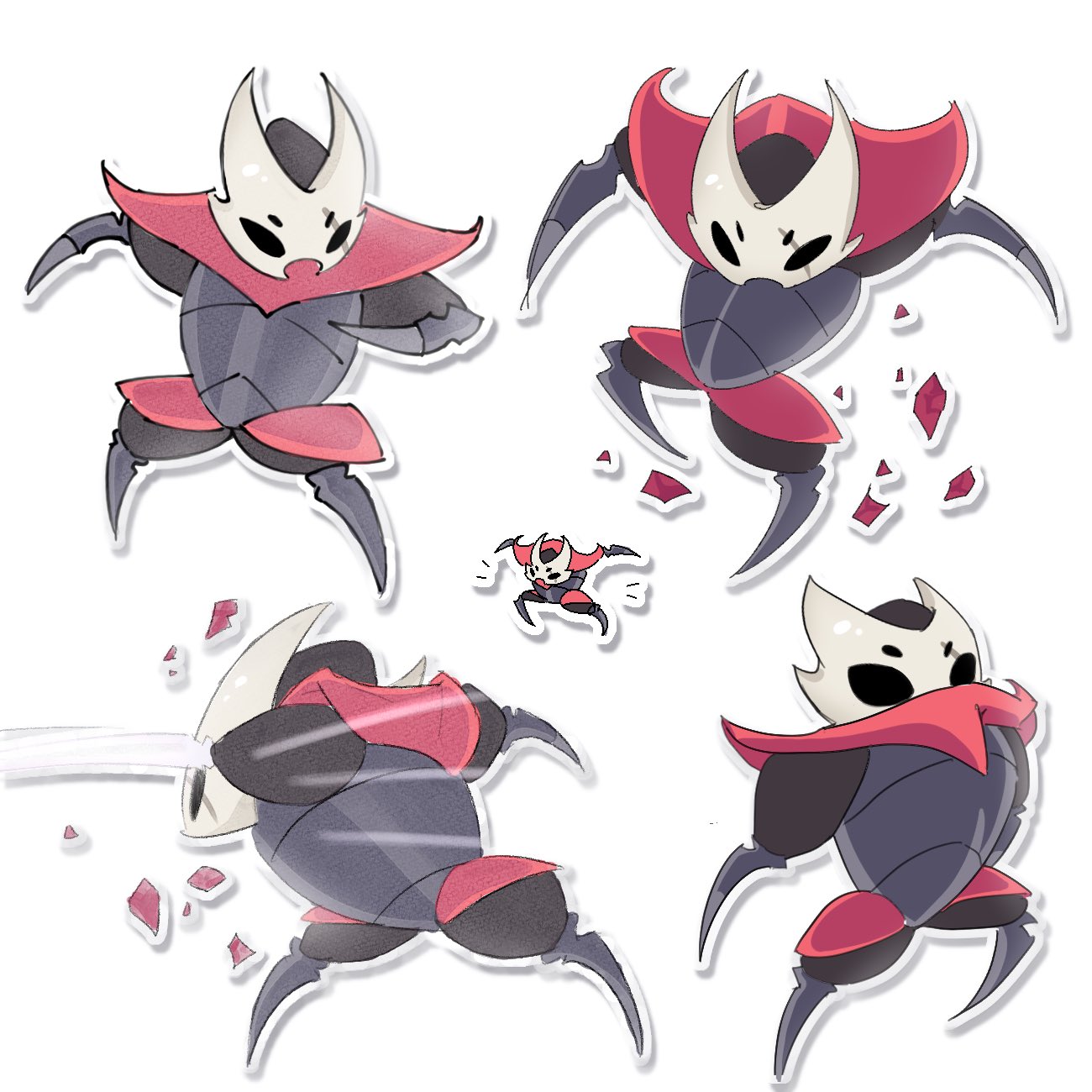 hollow knight, hollow knight: silksong, commentary request, highres, korean commentary, 1boy, arthropod boy, black eyes, crust king khann (hollow knight), edio30, extra eyes, hollow eyes, jumping, male focus, multiple views, outline, punching, rock, scar, scar across eye, scar on face, simple background, standing, white background, white outline