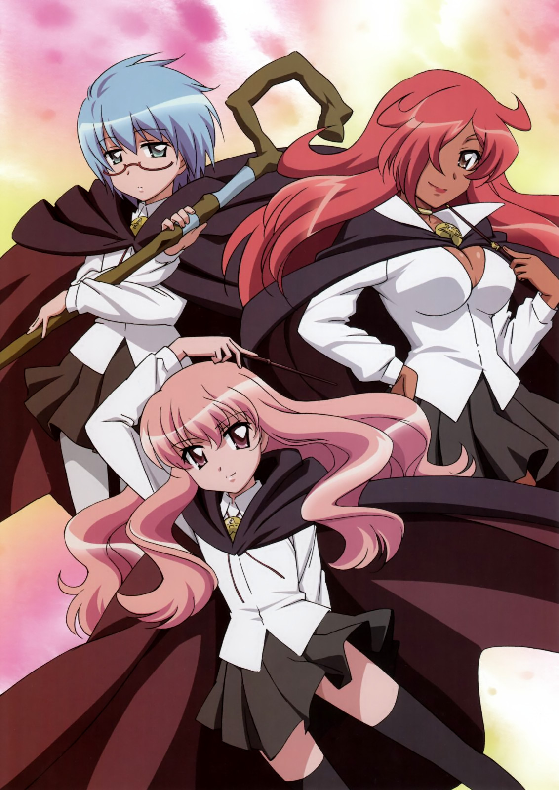 kirche augusta frederica von anhalt zerbst, louise francoise le blanc de la valliere, tabitha (zero no tsukaima), zero no tsukaima, artist request, highres, 00s, 3girls, multiple girls, pantyhose, pentacle, staff, thighhighs, wand