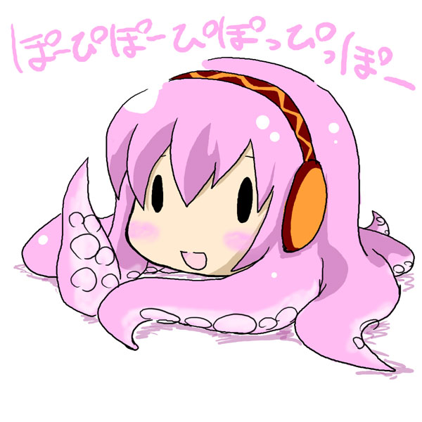 megurine luka, takoluka, poppippoo (vocaloid), vocaloid, translated, :d, blush, full body, headphones, long hair, no humans, open mouth, simple background, smile, solid oval eyes, tentacle hair, tentacles, white background