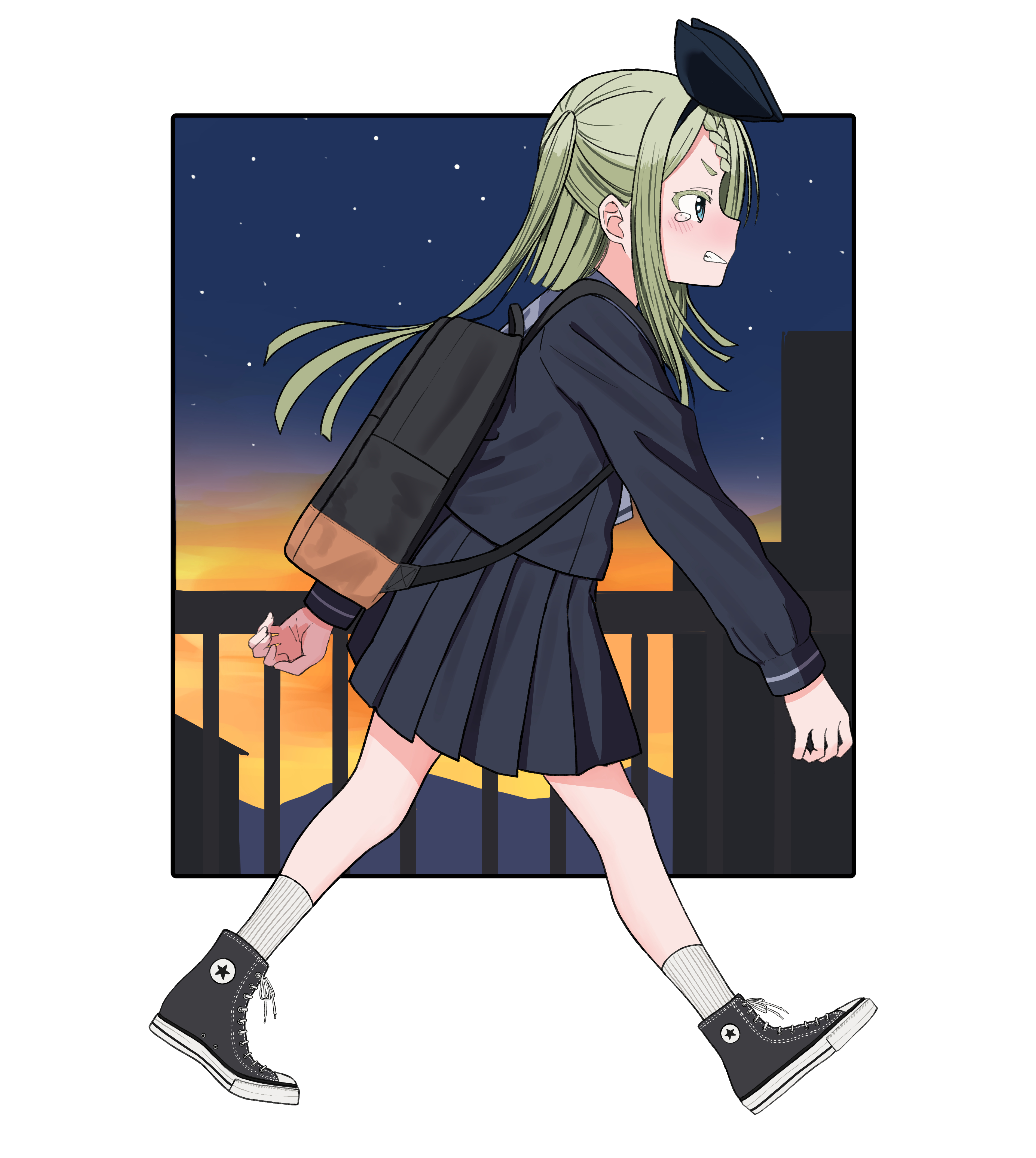 urushiushiru, converse, original, absurdres, commentary request, highres, 1girl, aqua eyes, backpack, bag, black hat, black shirt, black shoes, black skirt, border, evening, from side, full body, gradient sky, green eyes, grimace, half-closed eyes, hat, long hair, long sidelocks, outdoors, outside border, pleated skirt, ribbed socks, school uniform, shirt, shoes, sidelocks, skirt, sky, sneakers, socks, solo, star (sky), starry sky, tearing up, walking, white border, white socks