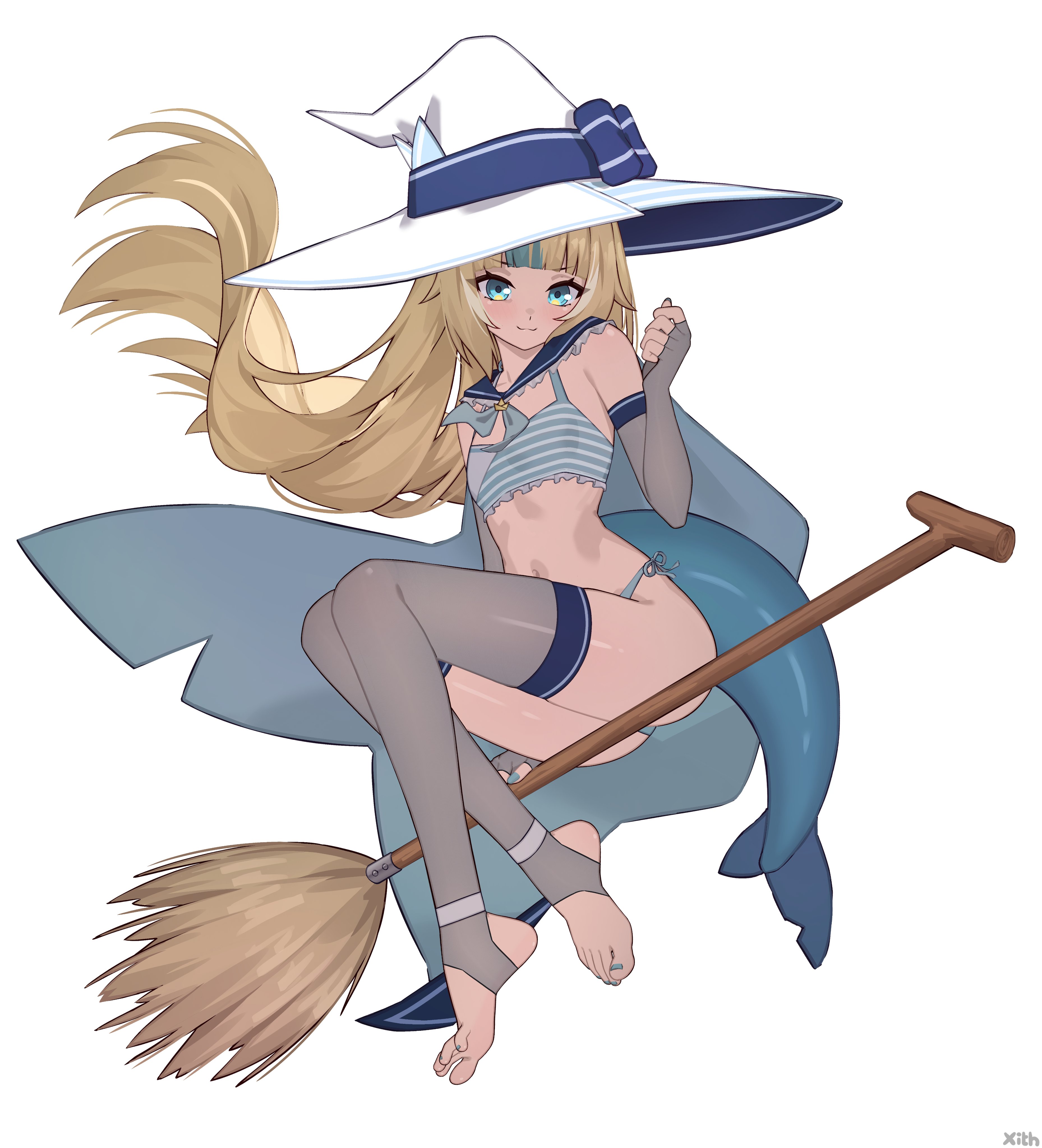 x xith x, sameko saba, indie virtual youtuber, absurdres, hashtag-only commentary, highres, 1girl, alternate costume, aqua eyes, ass, bare shoulders, blonde hair, blue bow, blue bra, blue hair, blue nails, blue neckerchief, blue panties, blue sailor collar, blunt bangs, bow, bra, broom, broom riding, closed mouth, elbow gloves, feet, fingerless gloves, fins, fish tail, flat chest, frilled sailor collar, frills, gloves, grey gloves, grey thighhighs, hat, hat bow, long hair, looking at viewer, multicolored hair, nail polish, navel, neckerchief, panties, ribs, sailor collar, side-tie panties, sidesaddle, simple background, smile, solo, stirrup legwear, stomach, streaked hair, striped bra, striped clothes, tail, thighhighs, thighs, toeless legwear, toenail polish, toenails, toes, two-tone bra, underwear, v-shaped eyebrows, very long hair, virtual youtuber, white background, white bra, witch hat
