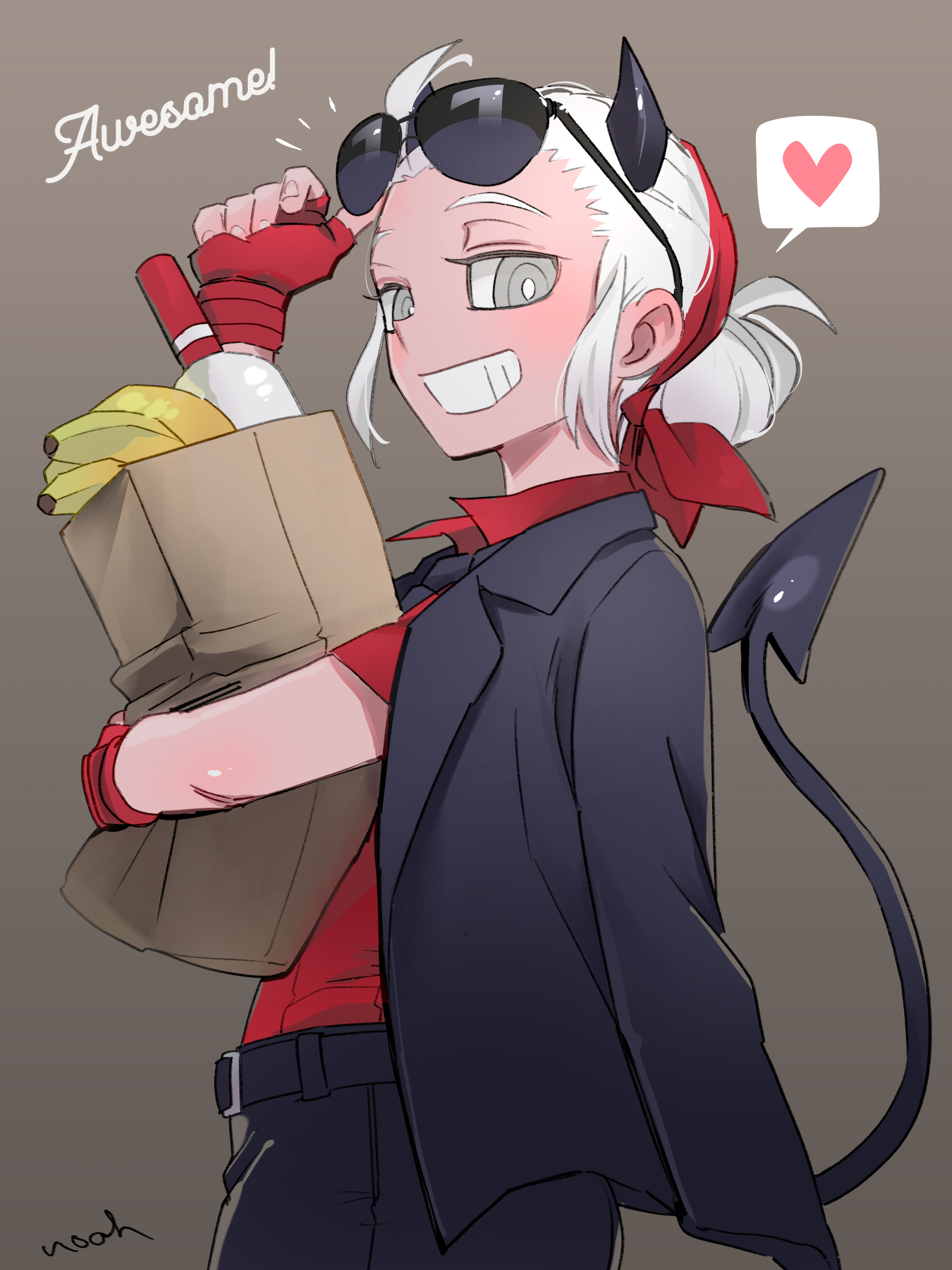 noah (tettsui-sole), justice (helltaker), helltaker, absurdres, highres, 1girl, artist name, banana, belt, black belt, black horns, black jacket, black pants, bottle, brown background, clenched teeth, demon girl, demon horns, demon tail, english text, eyewear on head, fingerless gloves, food, fruit, gloves, gradient background, grey eyes, groceries, hairband, heart, holding, horns, jacket, jacket on shoulders, looking at viewer, pants, red gloves, red hairband, red shirt, shirt, short hair, smile, solo, spoken heart, sunglasses, tail, teeth, white hair