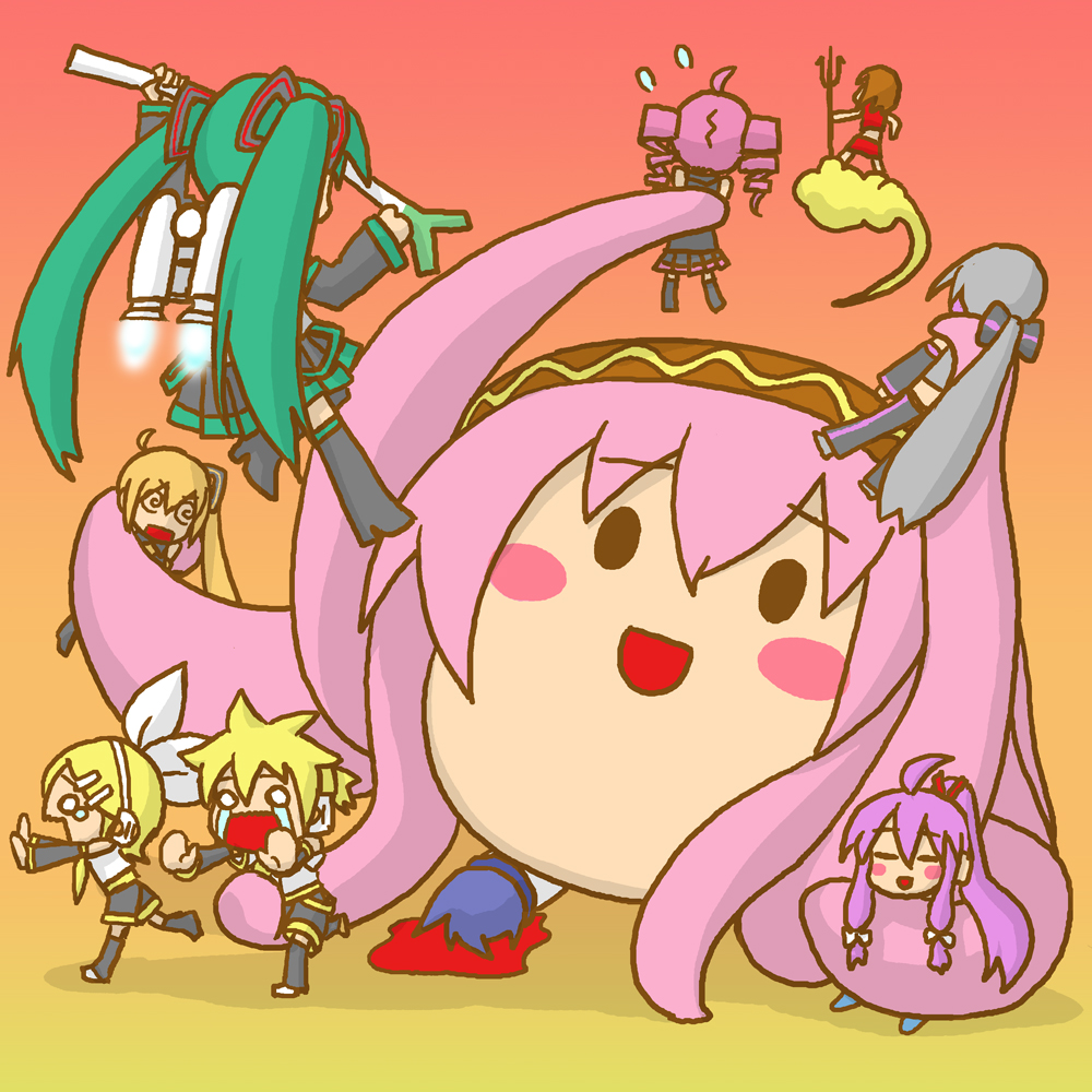 hitotose rin, shunkashuutou suzu, akita neru, hatsune miku, kagamine len, kagamine rin, kaito (vocaloid), kamui gakupo, kasane teto, kasane teto (utau), megurine luka, meiko (vocaloid), takoluka, yowane haku, utau, vocaloid, 3boys, 6+girls, :d, = =, @ @, ahoge, aqua hair, back, blood, blush, blush stickers, chibi, cloud, crossover, drill hair, everyone, fleeing, flying, giant, giantess, jetpack, monster, multiple boys, multiple girls, o o, open mouth, pitchfork, riding, running, scared, smile, spring onion, sweatdrop, tears, tentacles, twin drills, twintails