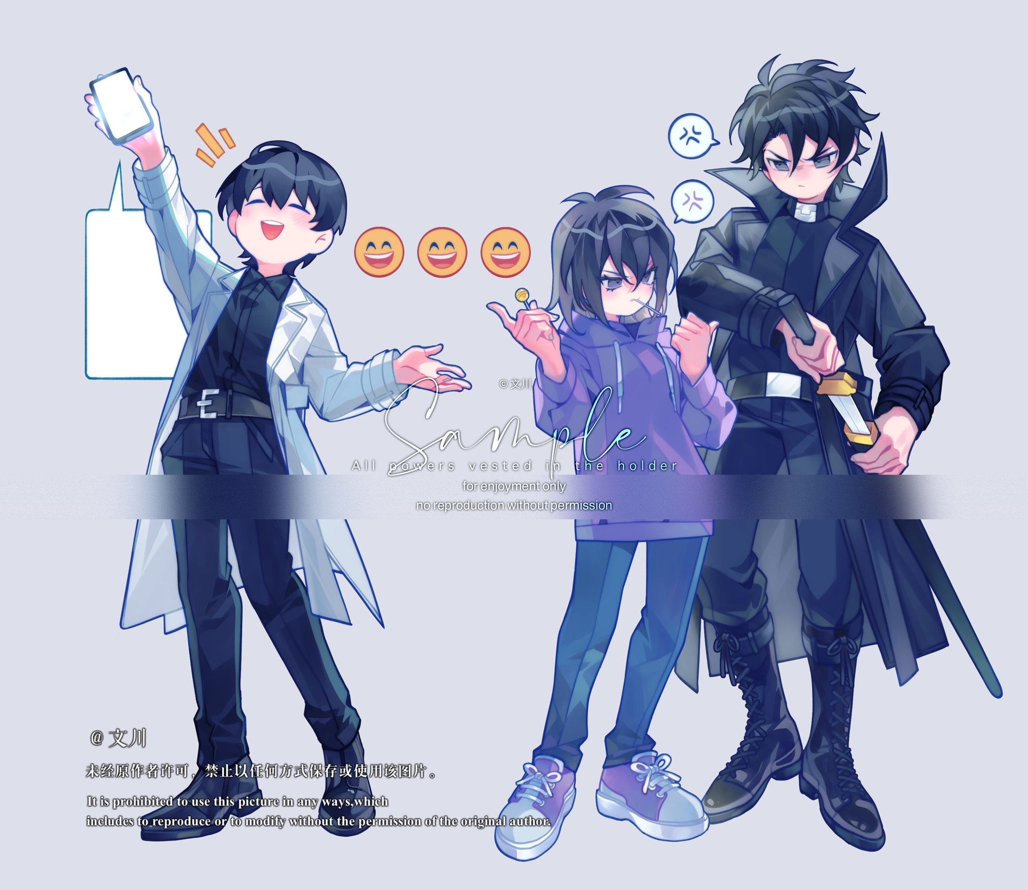 han sooyoung, kim dokja, yoo joonghyuk, omniscient reader's viewpoint, commentary, english commentary, highres, >:(, 1girl, 2boys, anger vein, black coat, black eyes, black hair, black shirt, blank speech bubble, bob cut, candy, coat, contrapposto, emoji, food, full body, grin, hair between eyes, hand up, holding, holding candy, holding food, holding lollipop, holding phone, holding sword, holding weapon, hood, hood down, hoodie, lollipop, lollipop in mouth, multiple boys, nicayuko, notice lines, open clothes, open coat, phone, popped collar, purple hoodie, scabbard, sheath, shirt, short hair, smile, speech bubble, spoken anger vein, standing, sword, unsheathing, v-shaped eyebrows, weapon, white coat