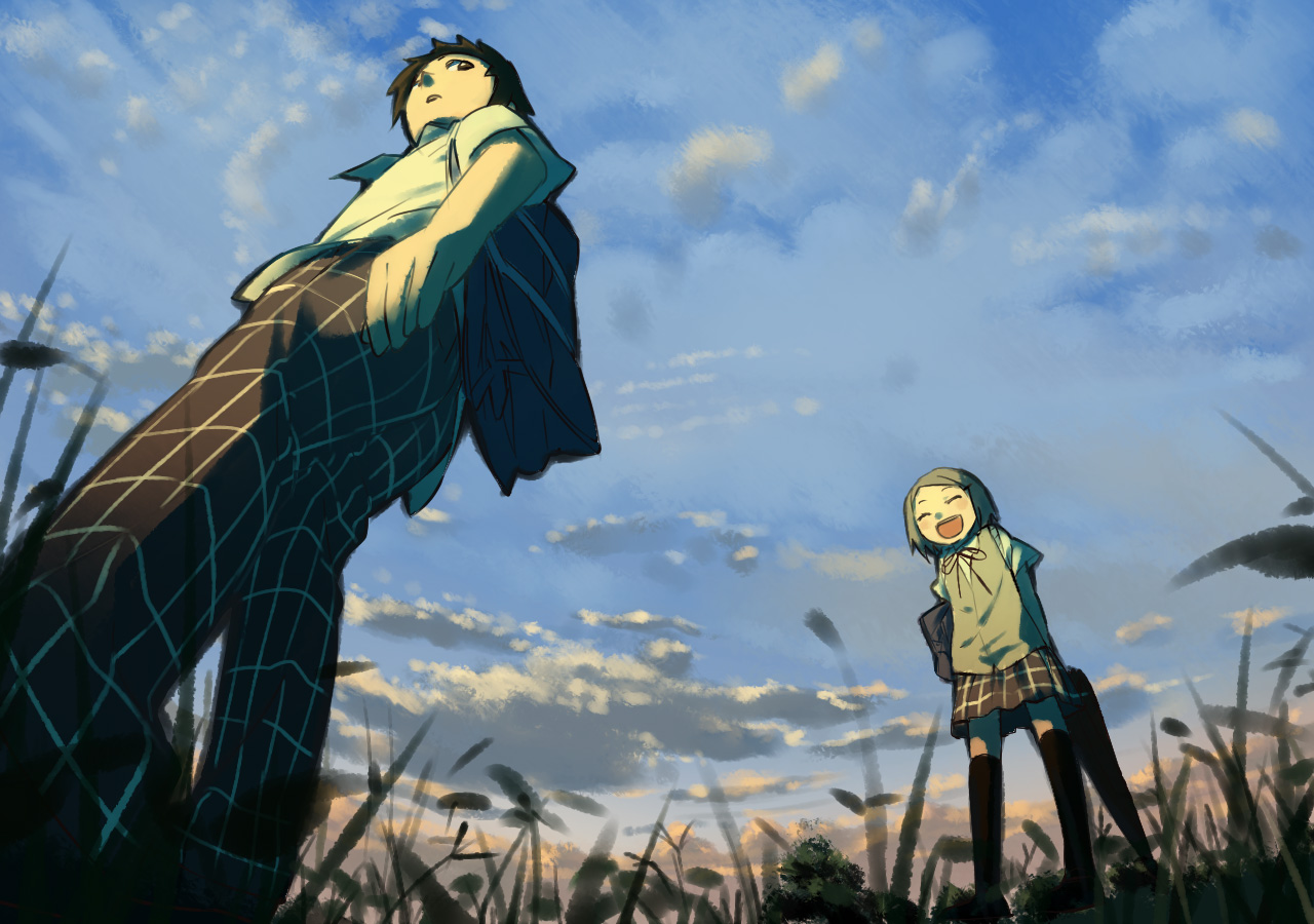 mizu asato, original, 1boy, 1girl, :d, arms behind back, blazer, closed eyes, cloud, confession, couple, day, from below, grass, hetero, jacket, open mouth, school uniform, sky, smile, umbrella