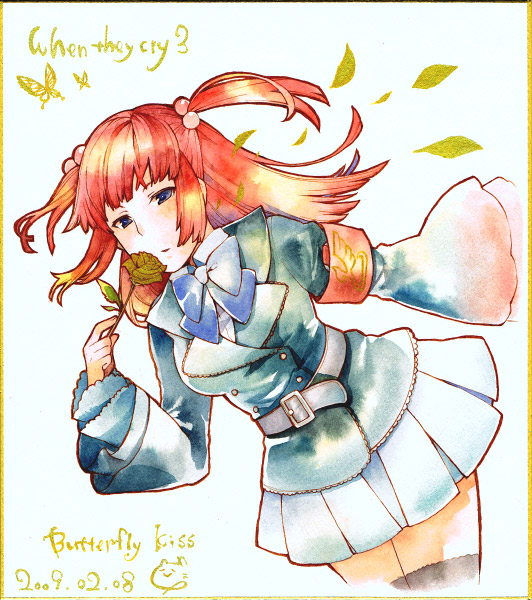 hanokage, ushiromiya ange, umineko no naku koro ni, millipen (medium), painting (medium), pen (medium), traditional media, watercolor (medium), 00s, armband, blue eyes, bug, butterfly, flower, frills, hair bobbles, hair ornament, insect, jacket, red hair, ribbon, rose, shikishi, solo, thighhighs, twintails, two side up, zettai ryouiki