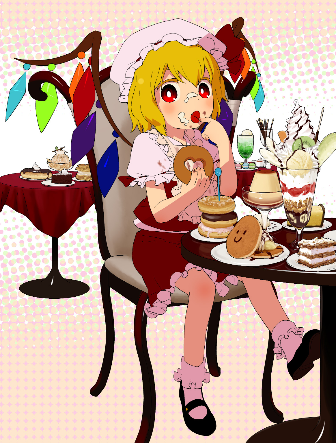 mizu asato, flandre scarlet, touhou, highres, 1girl, bib, cake, chair, cream puff, donut, eating, female focus, food, food on face, frills, halftone, halftone background, ice cream, ice cream on face, macaron, mary janes, parfait, pastry, plate, pocky, pudding, red eyes, shoes, sitting, solo, table, wings