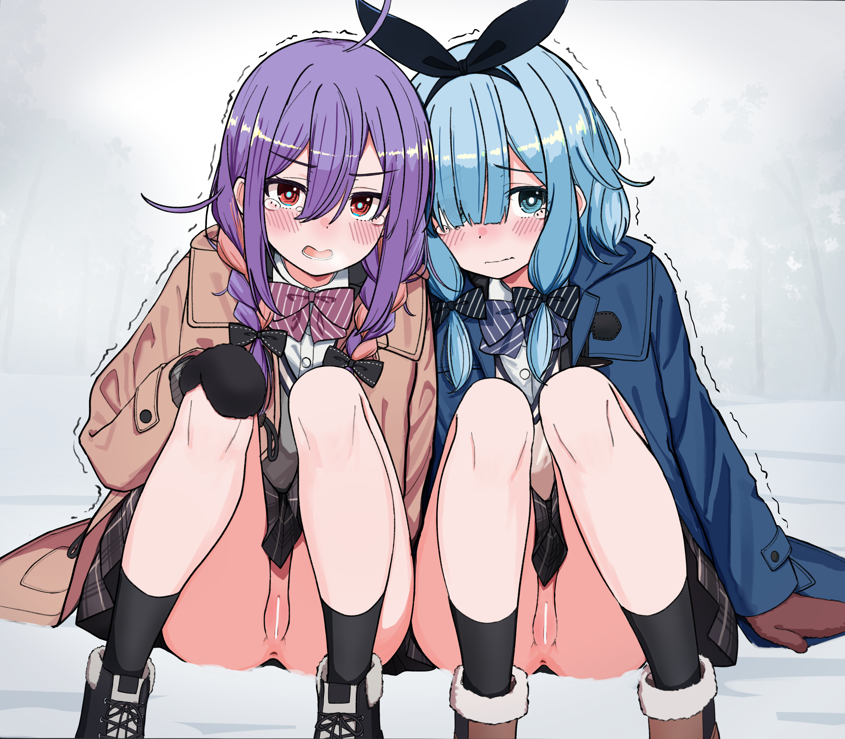 urushiushiru, original, braided twintails, absurdres, commentary request, highres, variant set, 2girls, anus, aqua eyes, aqua pupils, arm support, bar censor, black boots, black bow, black hairband, black mittens, black socks, blue coat, blue hair, blush, boots, bow, bow hairband, bowtie, braid, bright pupils, brown boots, brown coat, censored, coat, diagonal-striped bow, diagonal-striped bowtie, diagonal-striped clothes, eyebrows hidden by hair, grey skirt, hair bow, hair over one eye, hair over shoulder, hairband, hand on own knee, knees up, long bangs, long hair, long sleeves, looking at viewer, miniskirt, mittens, multicolored hair, multiple girls, no panties, one eye covered, open clothes, open coat, open mouth, plaid clothes, plaid skirt, pleated skirt, purple bow, purple bowtie, purple hair, pussy, raised inner eyebrows, red eyes, red mittens, school uniform, sitting, skirt, socks, striped bow, striped bowtie, striped clothes, tearing up, twintails, winter clothes, winter coat