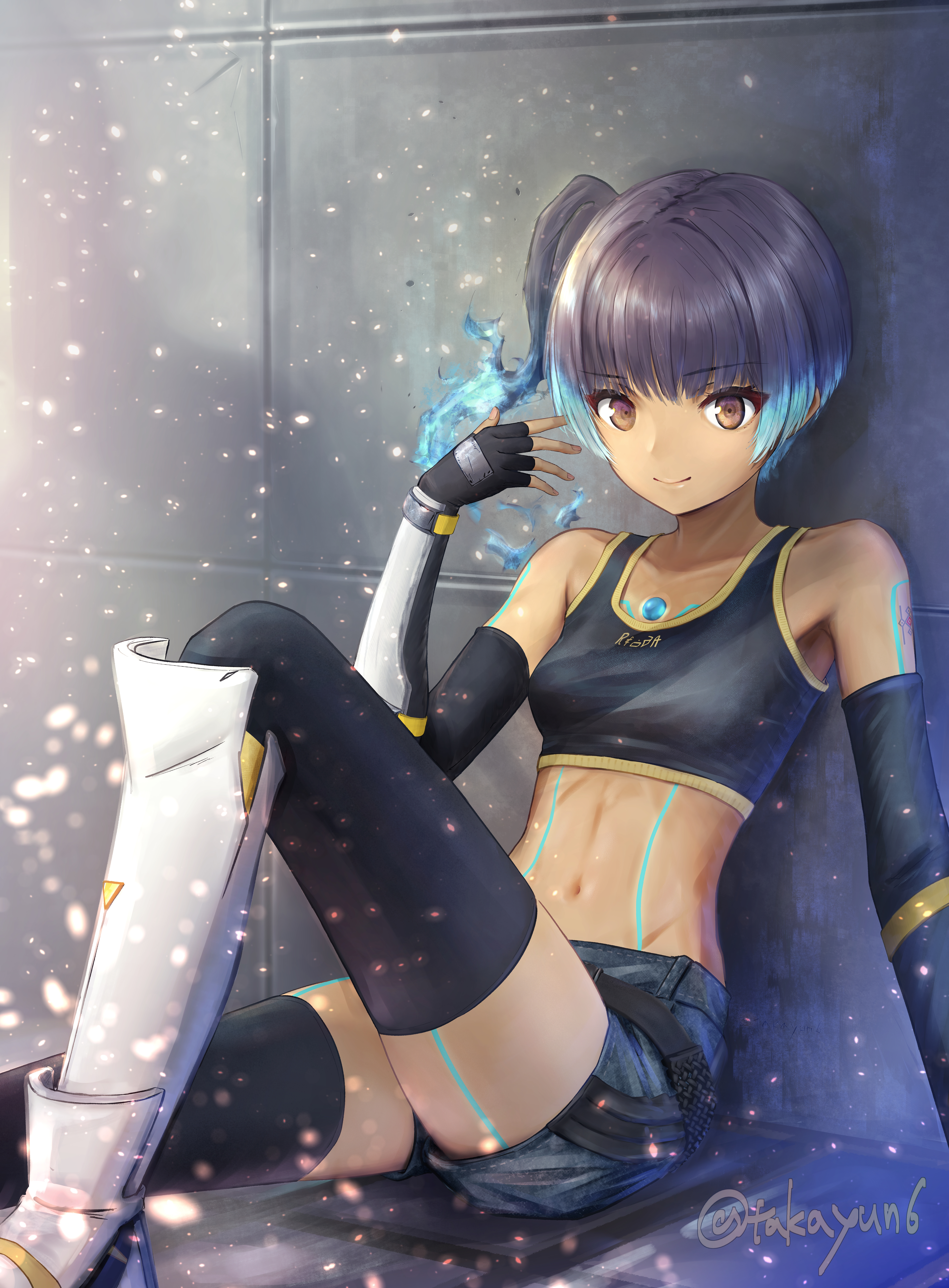 sena (xenoblade), xenoblade chronicles (series), xenoblade chronicles 3, absurdres, commentary request, highres, 1girl, artist name, bare shoulders, black thighhighs, blue hair, body markings, breasts, brown eyes, closed mouth, crop top, dark-skinned female, dark skin, detached sleeves, fiery hair, glowing lines, glowing markings, looking at viewer, navel, side ponytail, sitting, small breasts, smile, solo, takayun6, thighhighs, twitter username