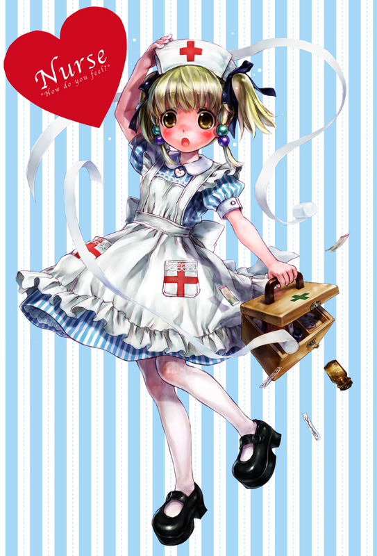 nakamura kanko, irui guneden, banpresto, super robot wars, blonde hair, blush, first aid, first aid kit, heart, nurse, pantyhose, solo, twintails, yellow eyes