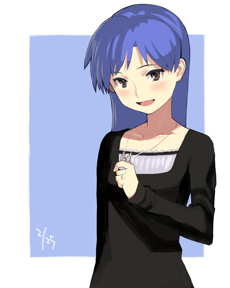 yu 65026, kisaragi chihaya, idolmaster, idolmaster (classic), idolmaster 1, 00s, 1girl, :d, blue background, blue hair, blush, border, brown eyes, collarbone, dated, female focus, jewelry, necklace, open mouth, pendant, simple background, smile, solo