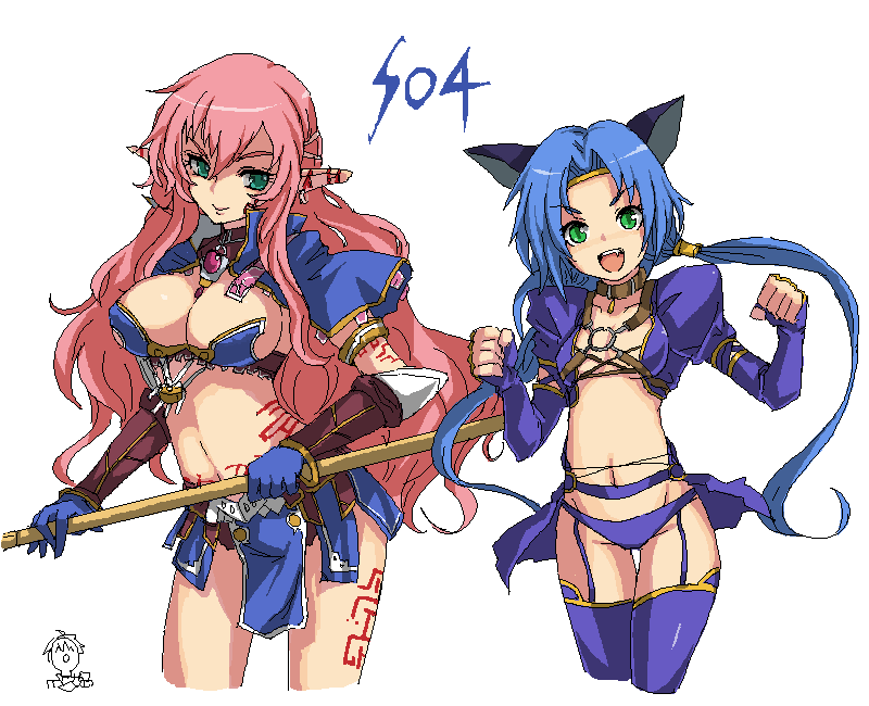 kara (color), meracle chamlotte, myuria tionysus, star ocean, star ocean: the last hope, 2girls, animal ears, armor, bikini armor, blue hair, blue panties, breasts, cat ears, cat girl, cleavage, cropped legs, earrings, elf, fang, female focus, flat chest, garter belt, gloves, green eyes, jewelry, large breasts, loincloth, midriff, multiple girls, o-ring, oekaki, panties, pink hair, pointy ears, revealing clothes, simple background, skirt, smile, staff, thighhighs, twintails, underwear, weapon, white background