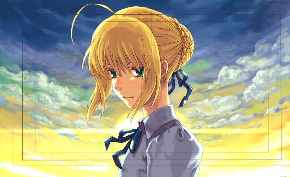 oira, oira (kagaribi), artoria pendragon (fate), saber (fate), fate/stay night, fate (series), 00s, 1girl, ahoge, blonde hair, cloud, female focus, floating hair, green eyes, light smile, looking at viewer, neck ribbon, ribbon, shirt, sky, solo, sunset, viewfinder