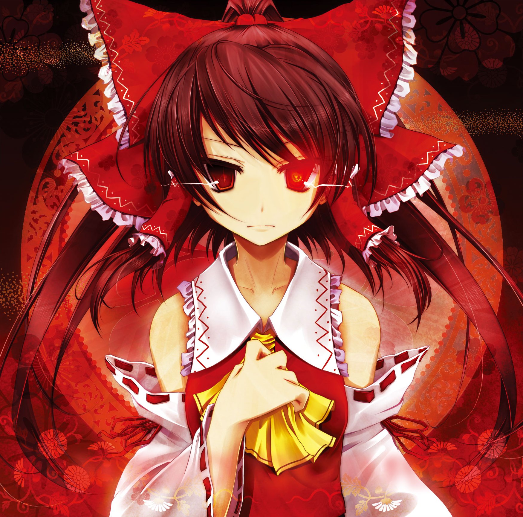 scarlet (studioscr), hakurei reimu, touhou, highres, 1girl, bow, brown hair, detached sleeves, female focus, glowing, glowing eye, glowing eyes, hair bow, hand on own chest, japanese clothes, miko, red eyes, ribbon, solo