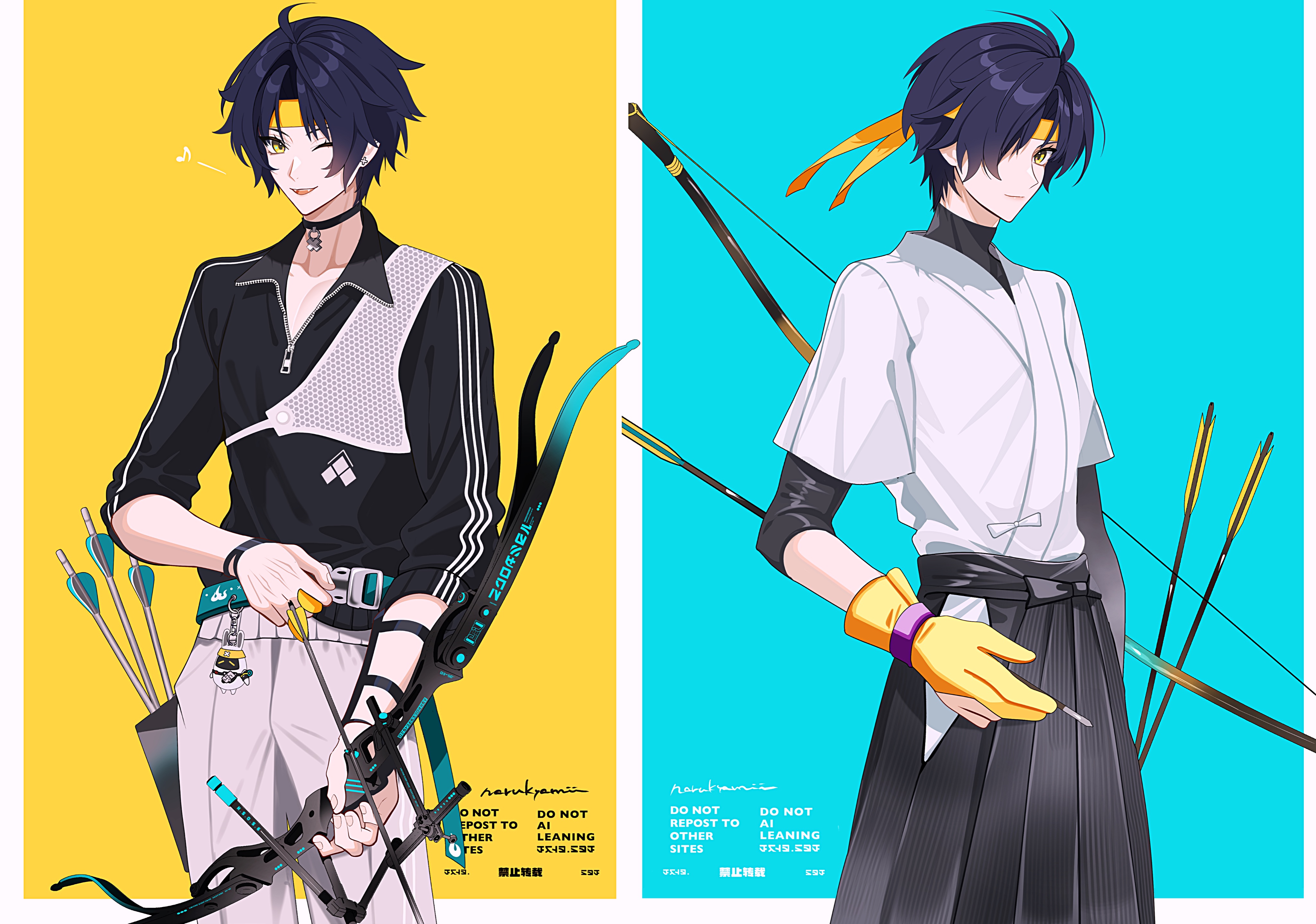 naru9, zenless zone zero, absurdres, commentary, highres, symbol-only commentary, 1boy, archery, arrow (projectile), belt, black hair, black hakama, black jacket, blue background, bow (weapon), charm (object), chest guard, choker, closed mouth, collarbone, earrings, fang, gloves, hair over one eye, hakama, hakama skirt, half gloves, headband, holding, holding bow (weapon), holding weapon, jacket, japanese clothes, jewelry, kyuudou, male focus, musical note, one eye closed, open mouth, pants, partially fingerless gloves, partially unzipped, partly fingerless gloves, quiver, short hair, skirt, solo, weapon, white pants, wristband, yellow background, yellow gloves, yellow headband, yugake, yumi (bow), zipper, zipper pull tab
