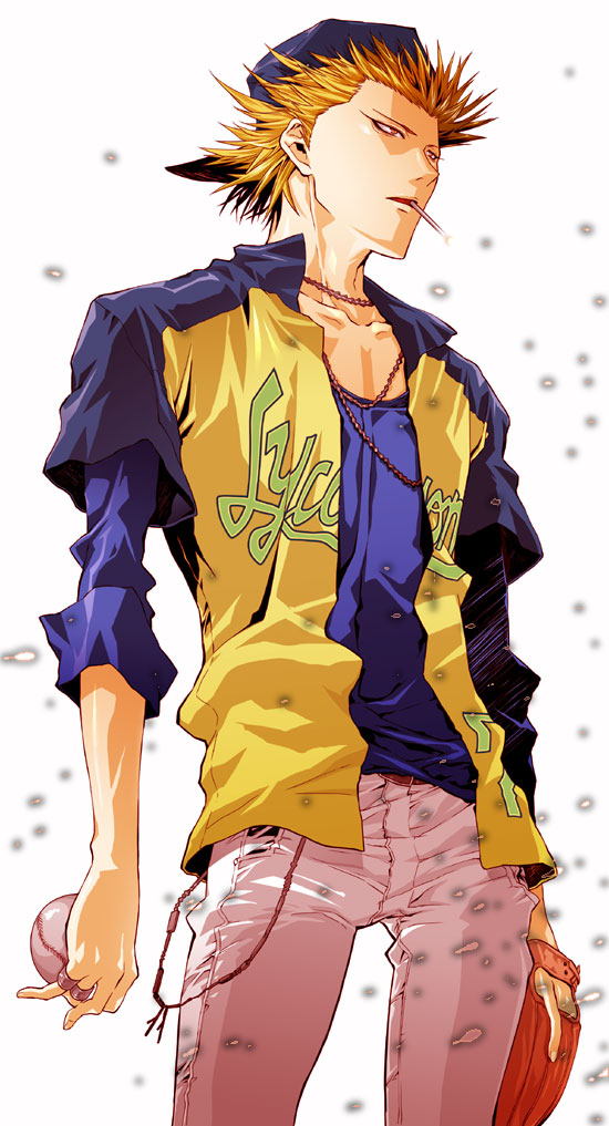 tokuchi toua, one outs, 1boy, ball, baseball (object), baseball cap, blonde hair, cigarette, collarbone, cowboy shot, hat, holding, jewelry, long sleeves, looking at viewer, male focus, mouth hold, necklace, pants, simple background, smoking, solo, spiked hair, standing, white background