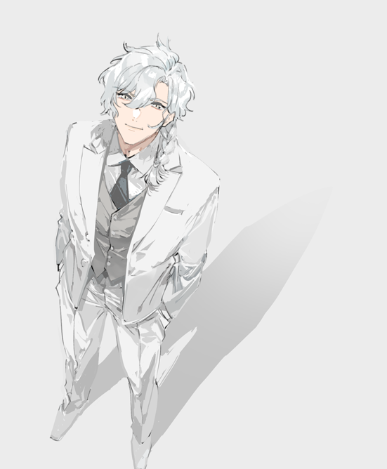 m-tobiei, marisbury animusphere, fate/grand order, fate (series), 1boy, black necktie, braid, closed mouth, collared shirt, formal clothes, from above, full body, grey background, grey vest, hair between eyes, hair over shoulder, hands in pockets, jacket, light smile, long sleeves, looking at viewer, looking up, male focus, medium hair, necktie, open clothes, open jacket, pants, parted bangs, shirt, shoes, simple background, single braid, solo, standing, suit, vest, white hair, white jacket, white pants, white shirt, white shoes, white suit, yellow eyes