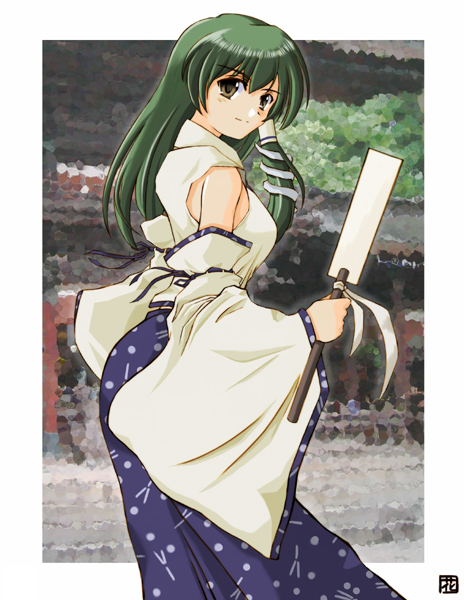 hana (hana mo arashi mo), kochiya sanae, touhou, 1girl, bare shoulders, blue skirt, brown eyes, building, cowboy shot, detached sleeves, female focus, gohei, green hair, long hair, long sleeves, looking at viewer, nontraditional miko, oonusa, outdoors, shrine, skirt, solo, standing