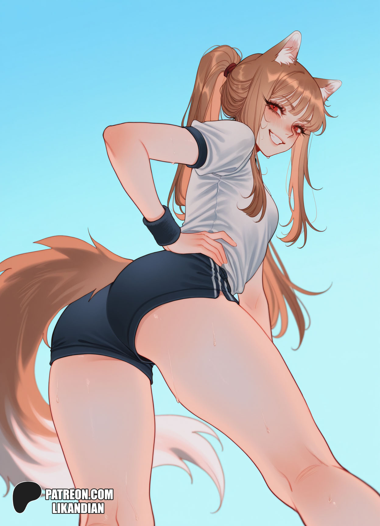 holo, spice and wolf, highres, 1girl, animal ears, armband, ass, breasts, likandian, red eyes, short shorts, short sleeves, shorts, small breasts, solo, tail, wolf ears, wolf tail