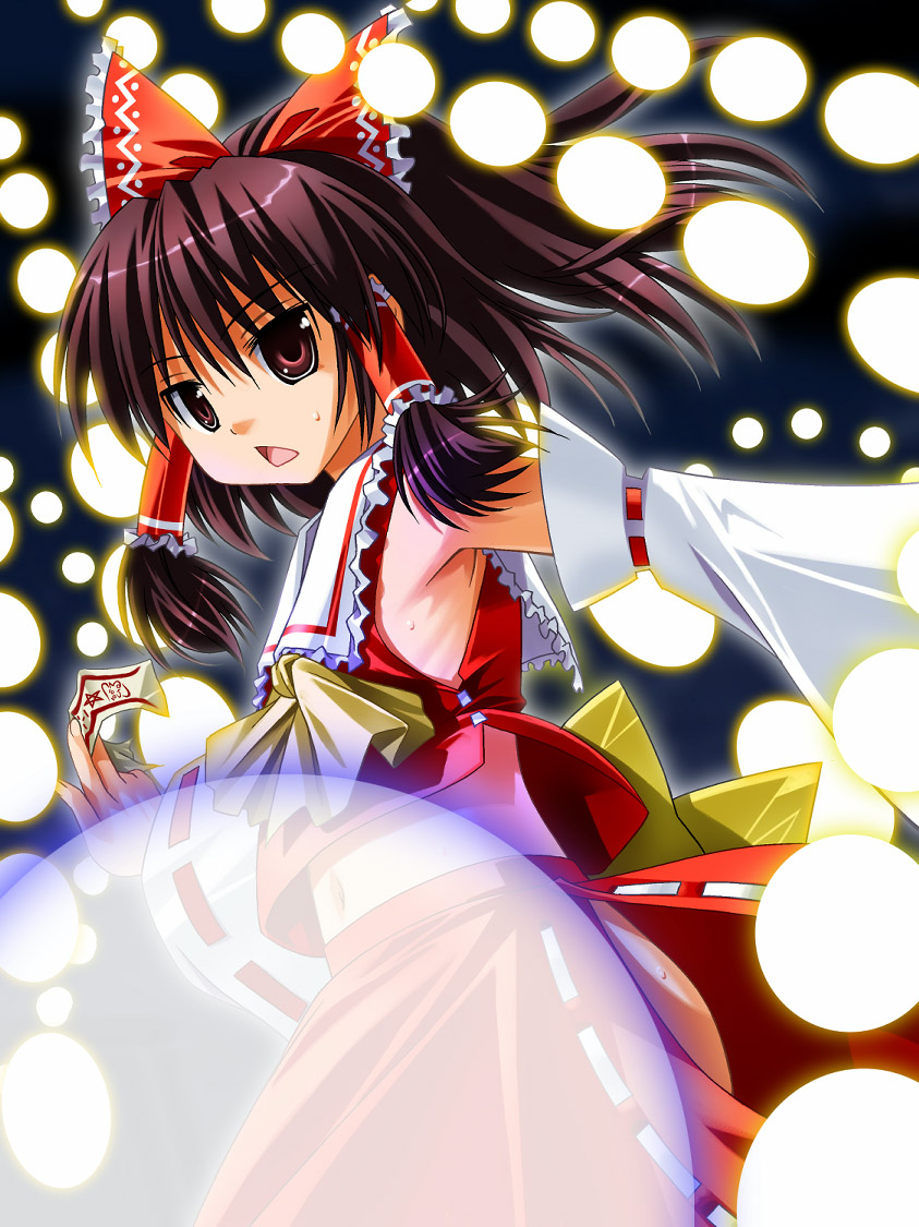 umekichi, hakurei reimu, touhou, 1girl, armpits, danmaku, detached sleeves, female focus, frilled hair tubes, frills, gradient background, hair tubes, japanese clothes, miko, navel, ponytail, ribbon-trimmed skirt, ribbon trim, skirt, solo, triangle mouth